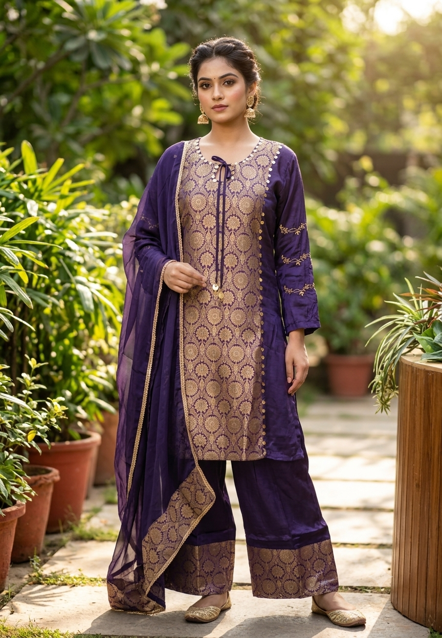 Designer Crepe Fabric Full Suit Set with Gold Brocade Yoke Panel and Traditional Palazzo Bottom Weaves- 16662