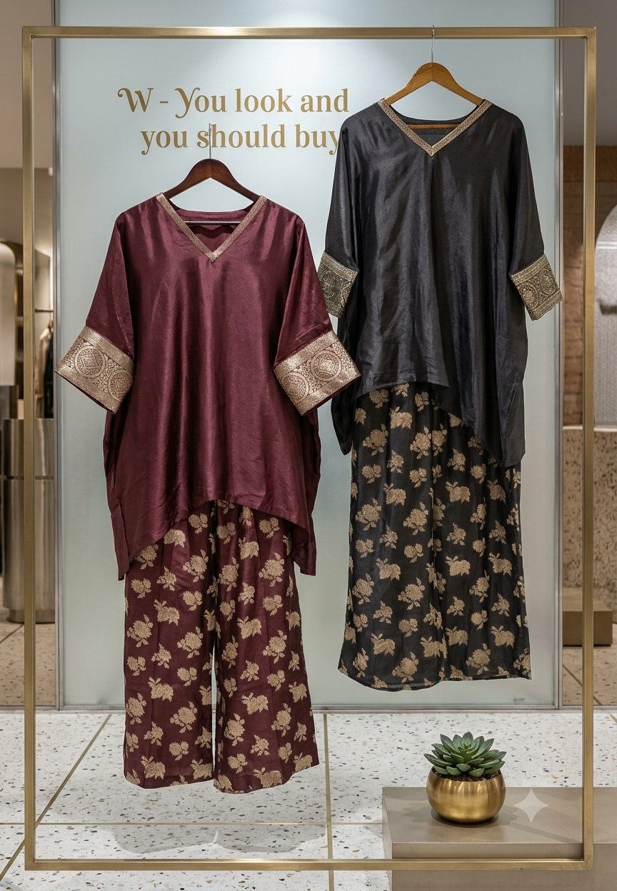 Kaftan Style Raw Silk Top with Antique Gold Brocade V-Neck and Sleeve Borders Kurta With and Matching Floral Printed Pant- 17046
