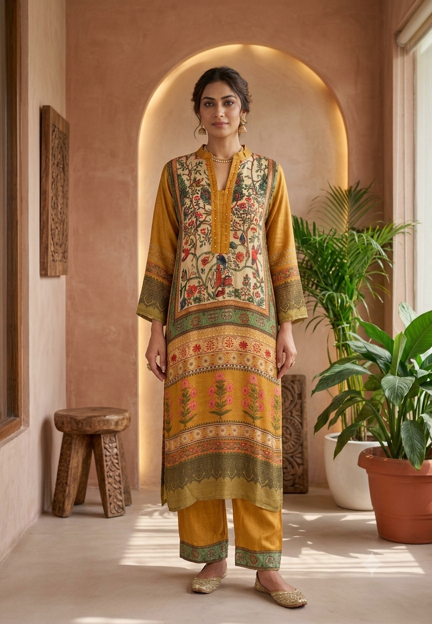 Figure Gardenia Rich Digital Print Mustard Elegance Long Length Kurta Pant Set- 16588