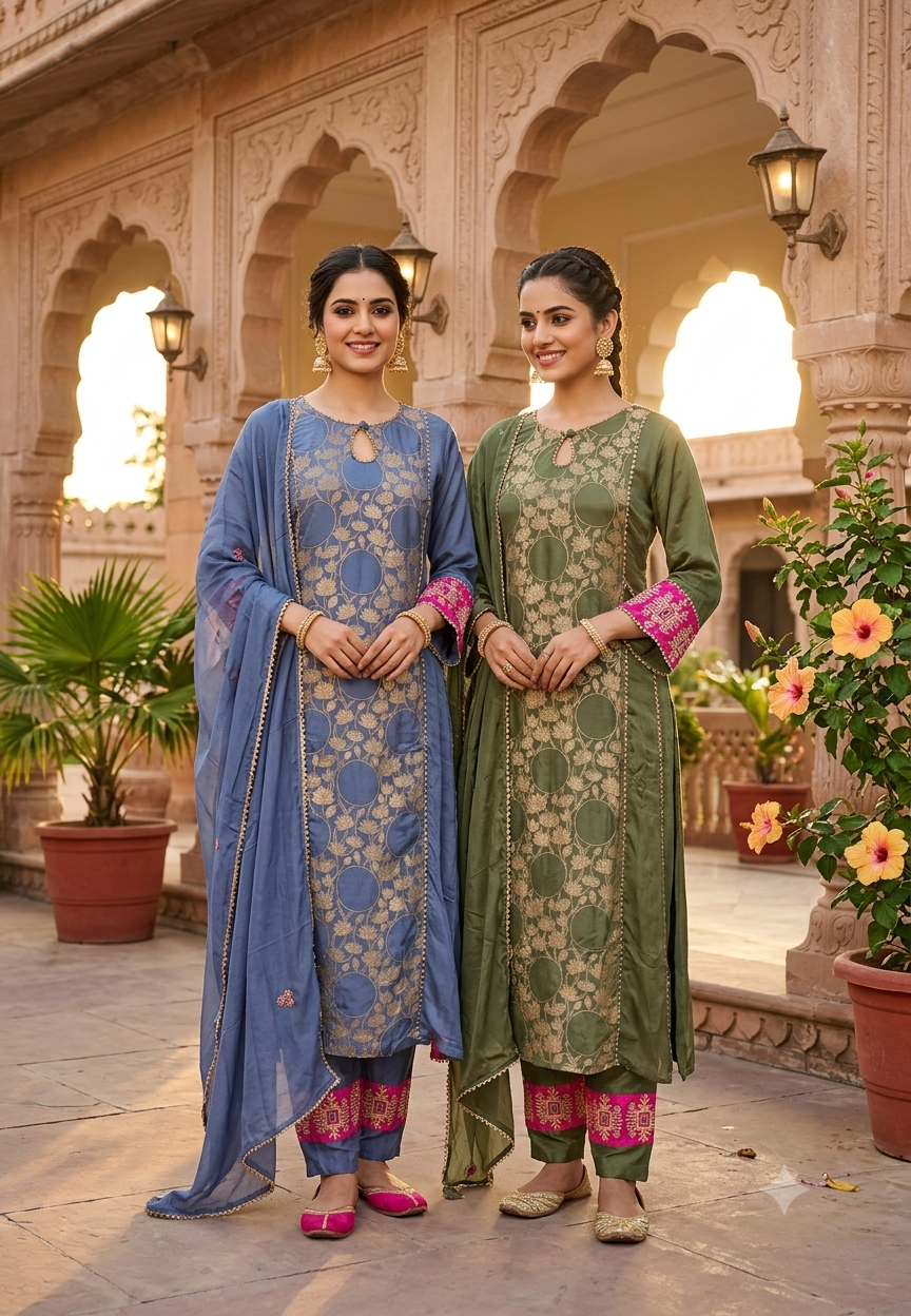 Brocade Touch Lace Detailing Side Panels A-Line Solid Full Suit Set With Dupatta With Pink Contrast- 16092