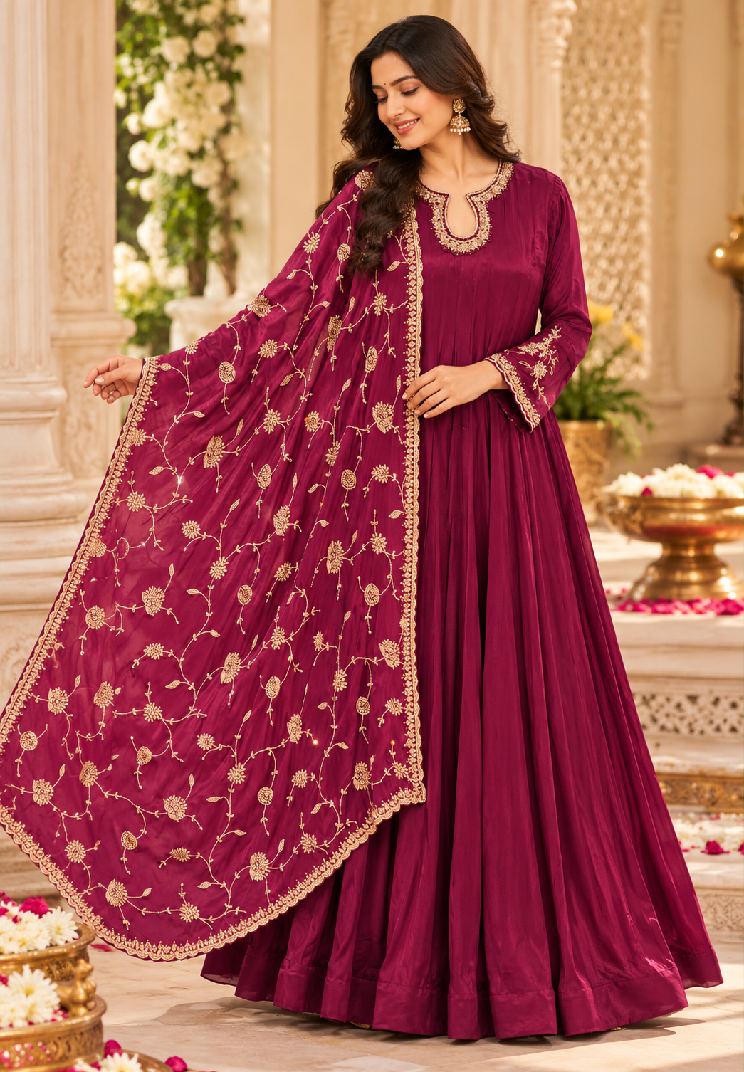 Chinon Anarkali Suit Floor Length with Heavy Golden Embroidered Dupatta, Intricate cutdana Work on Neck 16917