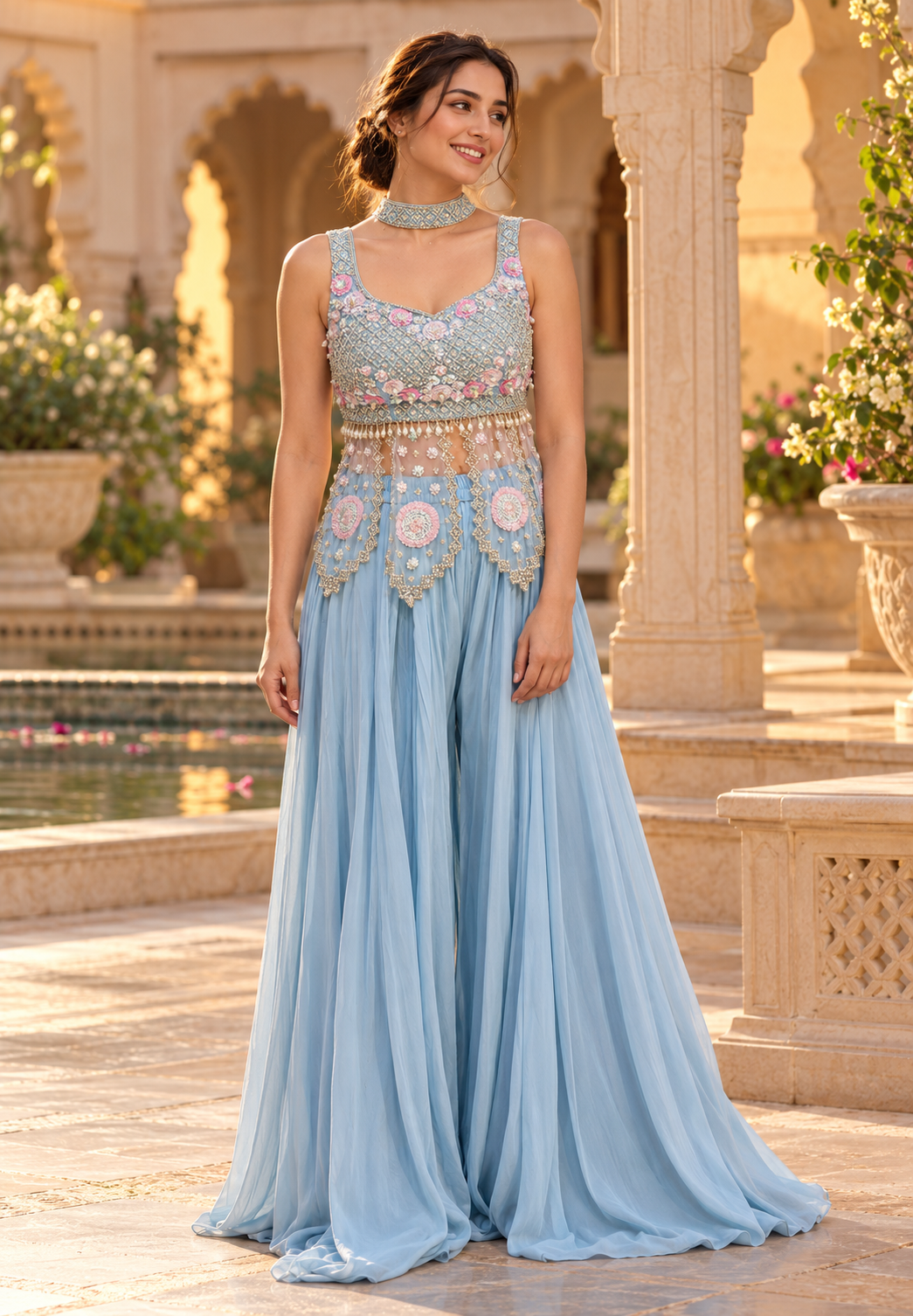 Aqua Ethereal Glow Pearl Luxe Hand Embroidered Fringe Crop-Top With Flared Palazzo Bottom & Chowker Dupatta- 15408
