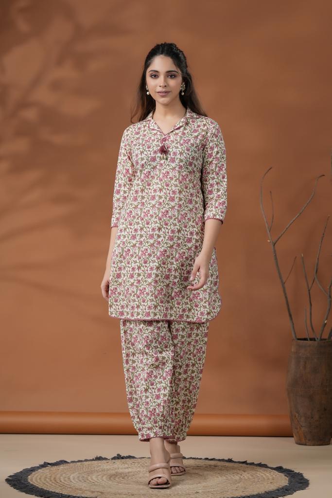 Collar floral kurta with pockets Cotton  kurta with balloon pant set of 2-01471)