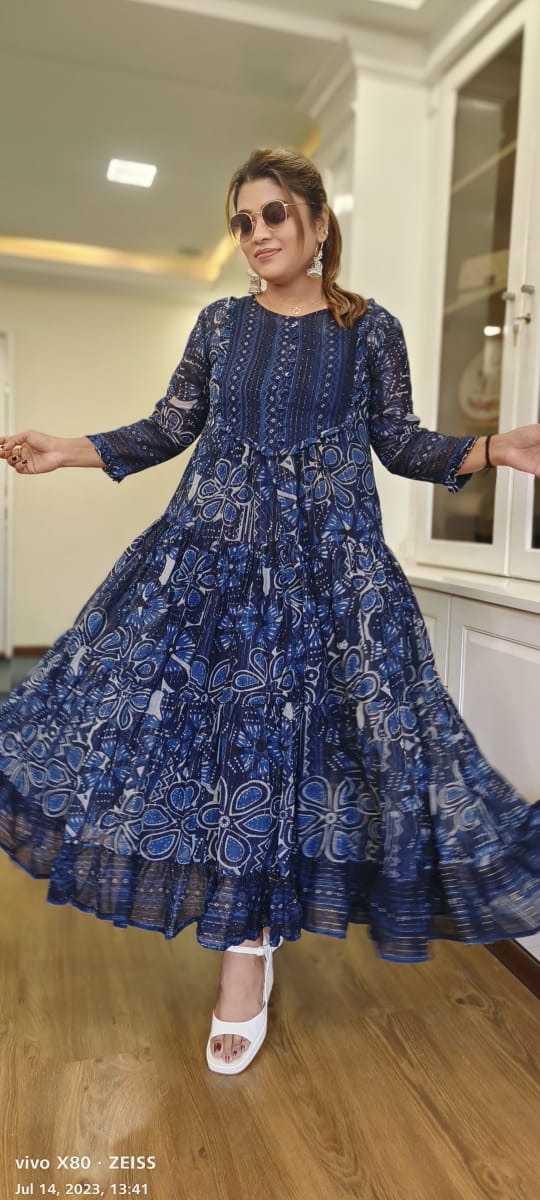 Lurix blue  floral mal cotton Gown with separate inner