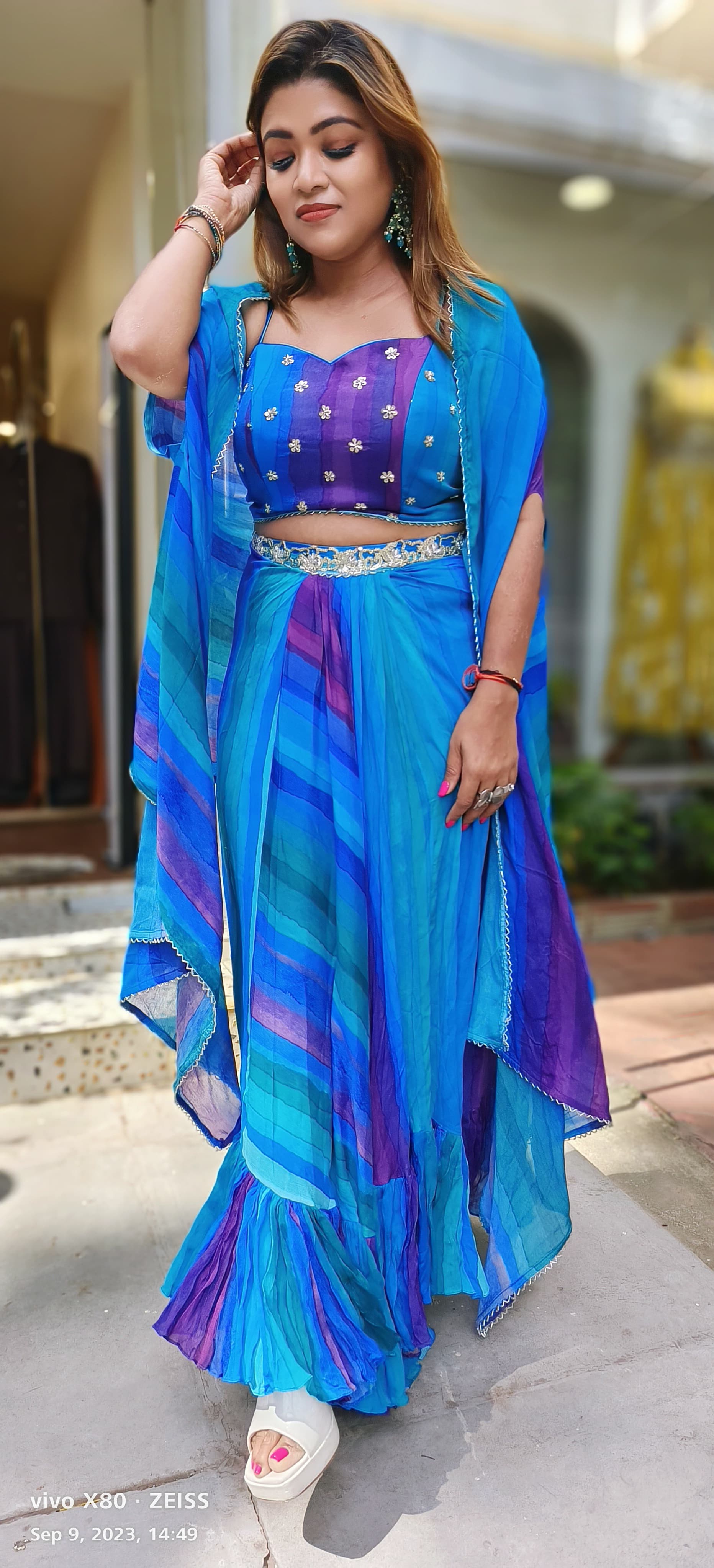 Beautiful blue Stylish Indo-western crop top embroidered Shrug DRY WASH