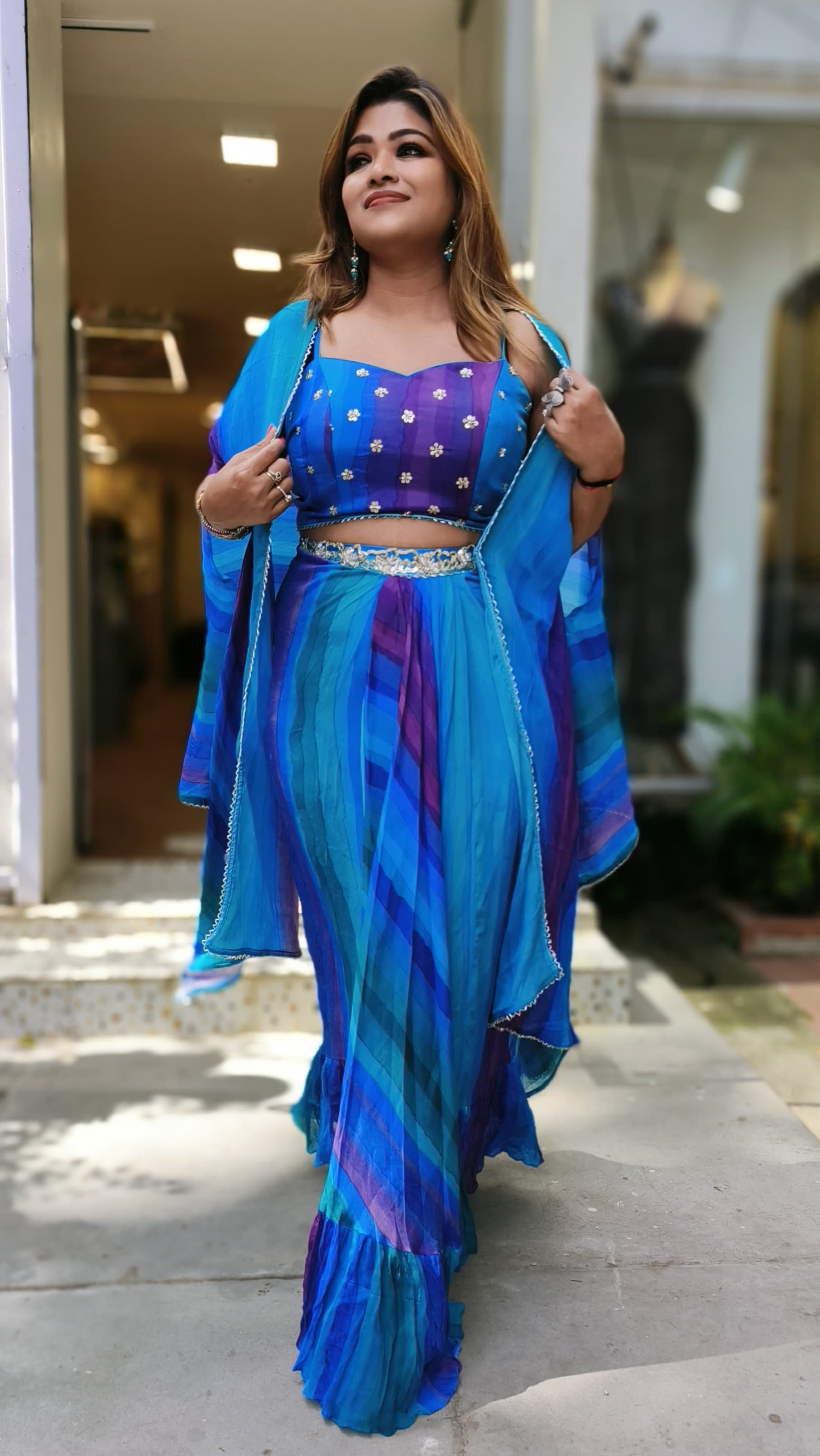 Beautiful blue Stylish Indo-western crop top embroidered Shrug DRY WASH