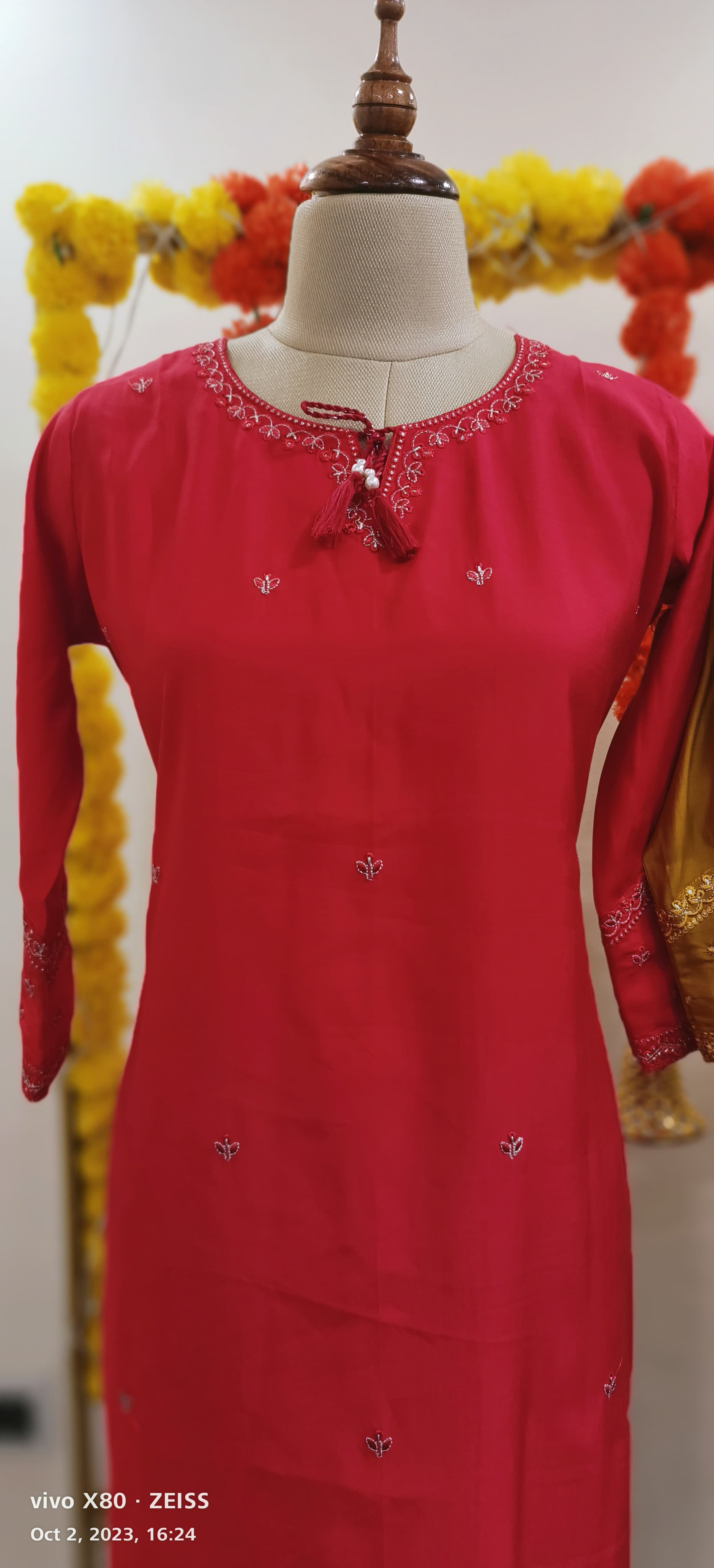 Round neck with dori and embroidery muslin only kurta Lean fit-02832}