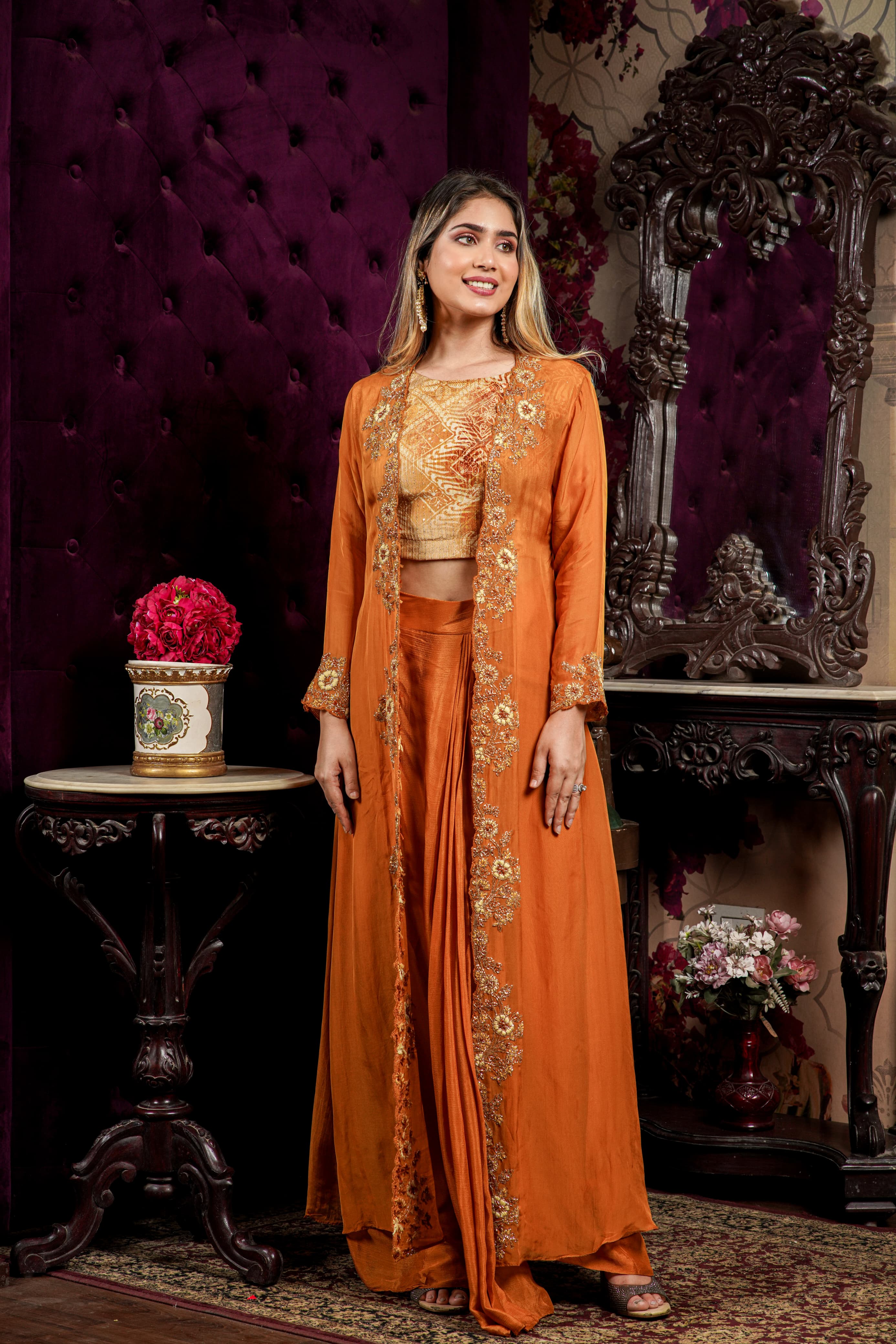 Organza embroidered jacket Party wear indo-western outfit with crop top and Dhoti skirt DRY WASH 04056