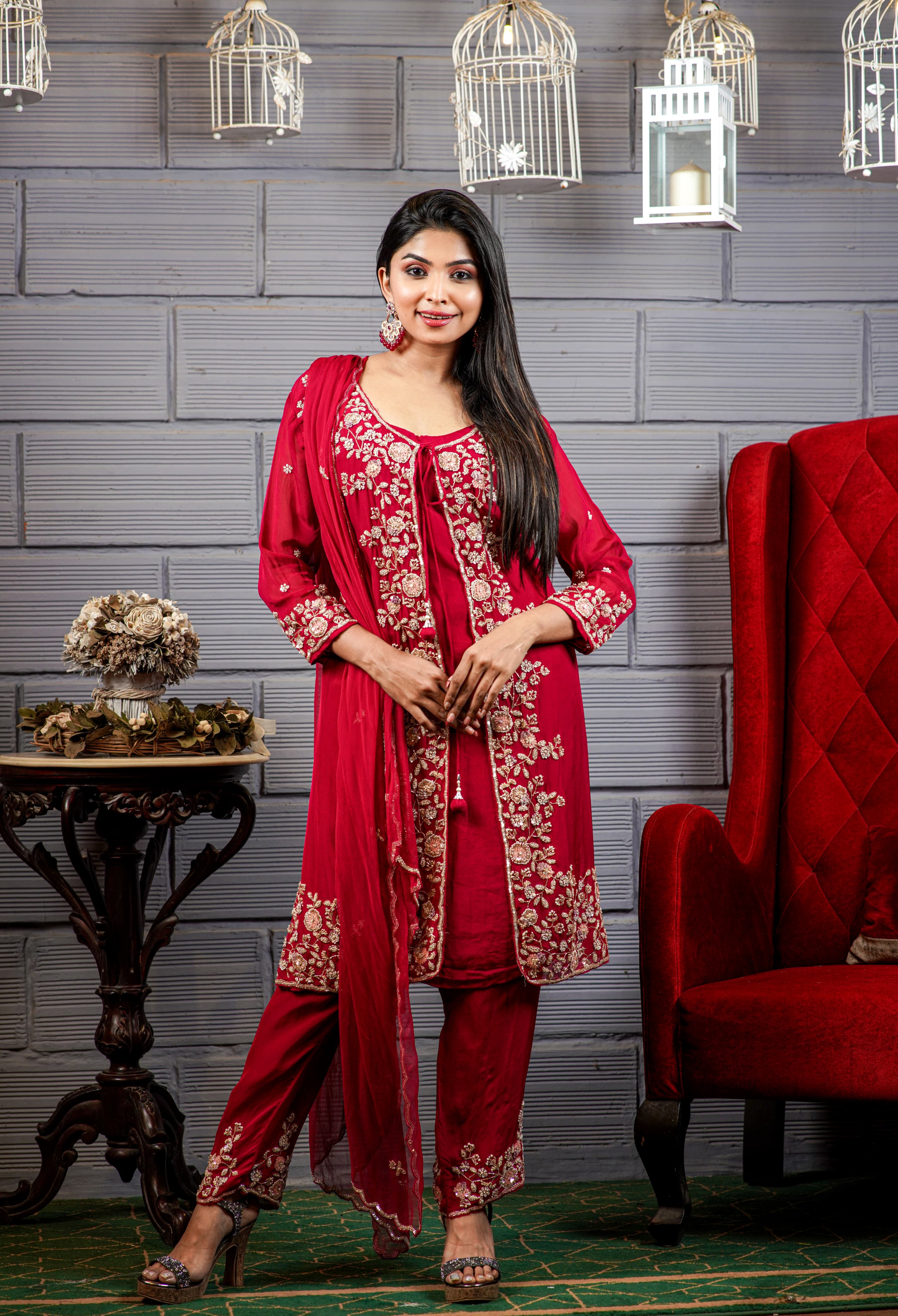 Beautiful Heavy embroidered party wear attached organza front open jacket with embroidered pant and dupatta  DRY WASH -0006}}