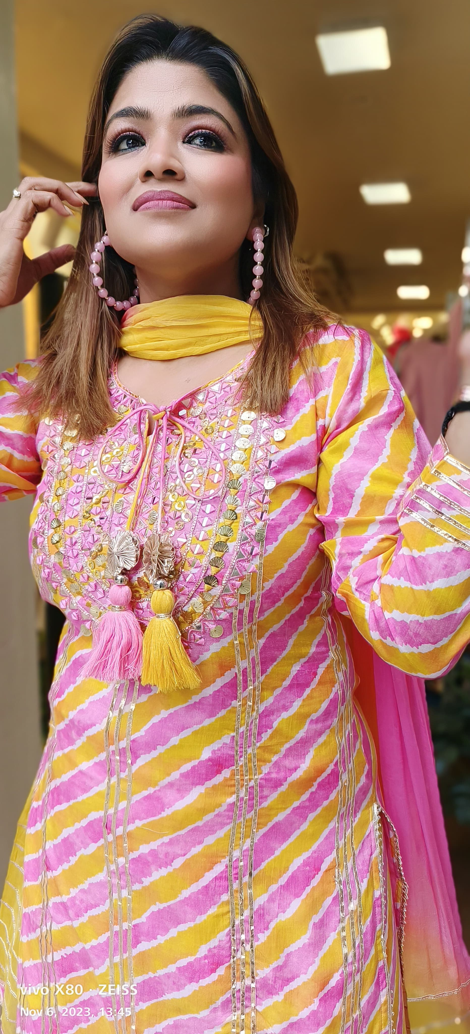 Gotta work  Beautiful pink yellow lehriya muslin sharara set with chiffon dupatta DRY WASH-03144]