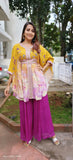 Pure crape yellow purple embroidered kaftan with peplum style top  loose pallazo -03621)