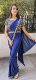 Navy Blue  Stylish cut dana embroidery heavy Blouse Drape dhoti style ruffel saree with belt  DRY WASH-03642}Ready to wear saree