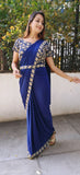 Navy Blue  Stylish cut dana embroidery heavy Blouse Drape dhoti style ruffel saree with belt  DRY WASH-03642}Ready to wear saree