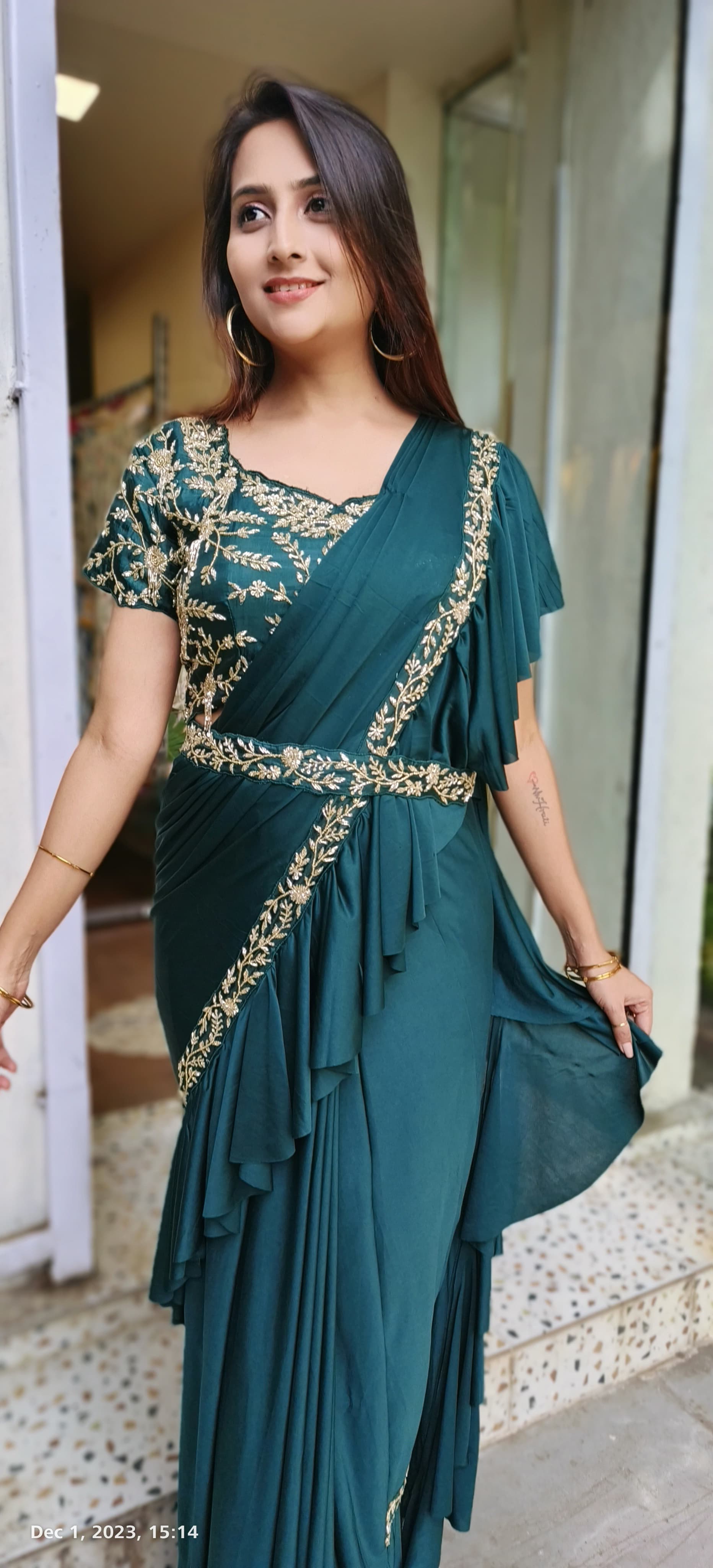 Stylish cut dana embroidery heavy Blouse Drape dhoti style ruffel saree with belt  Ready to wear sareeDRY WASH-03644}