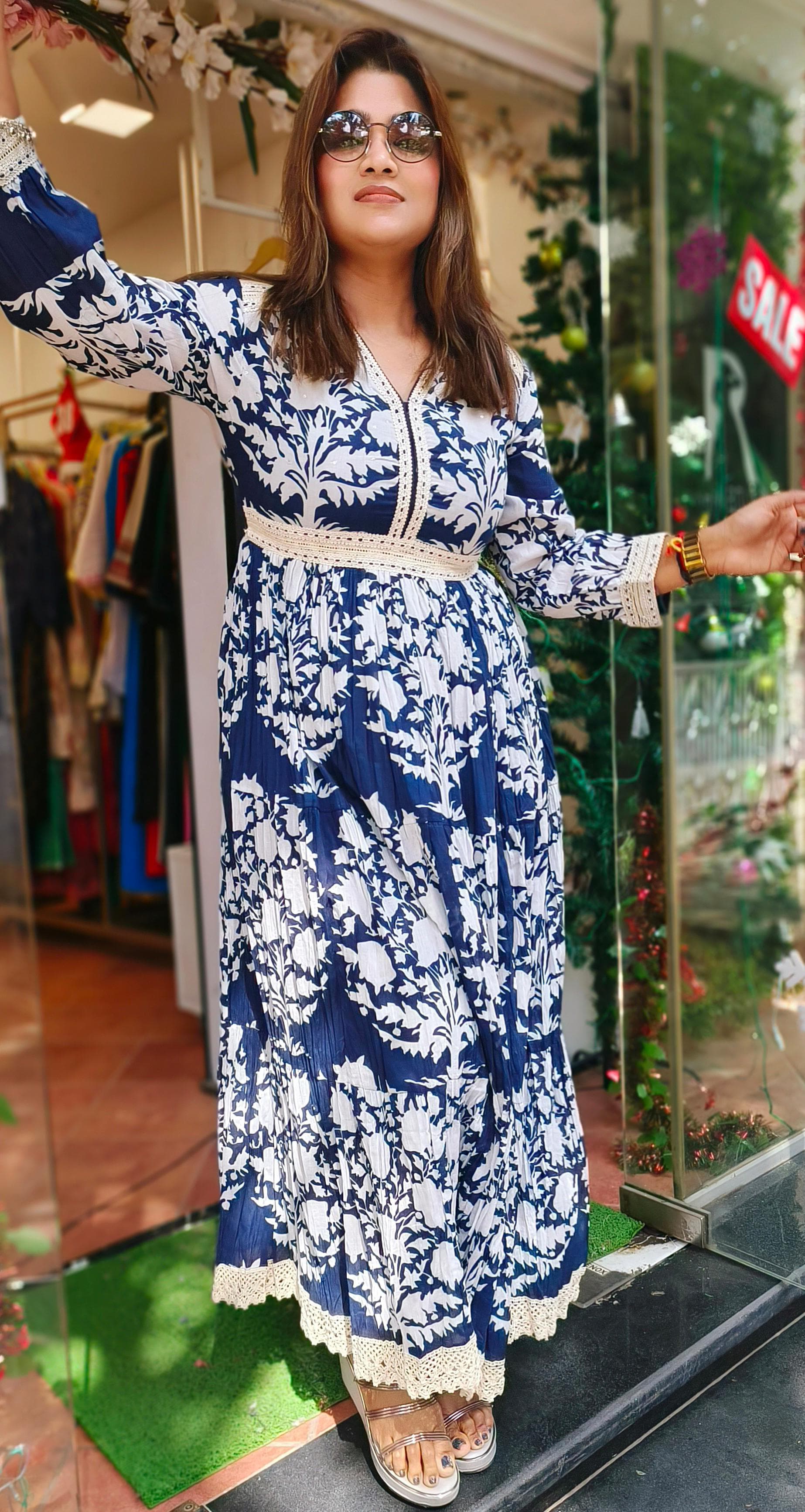 Mallcotton floral printed Gown with lace work 03737