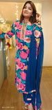 Beautiful Bright flower print blue crape with real mirror embroidered neck with zip  full set DRY WASH 03704