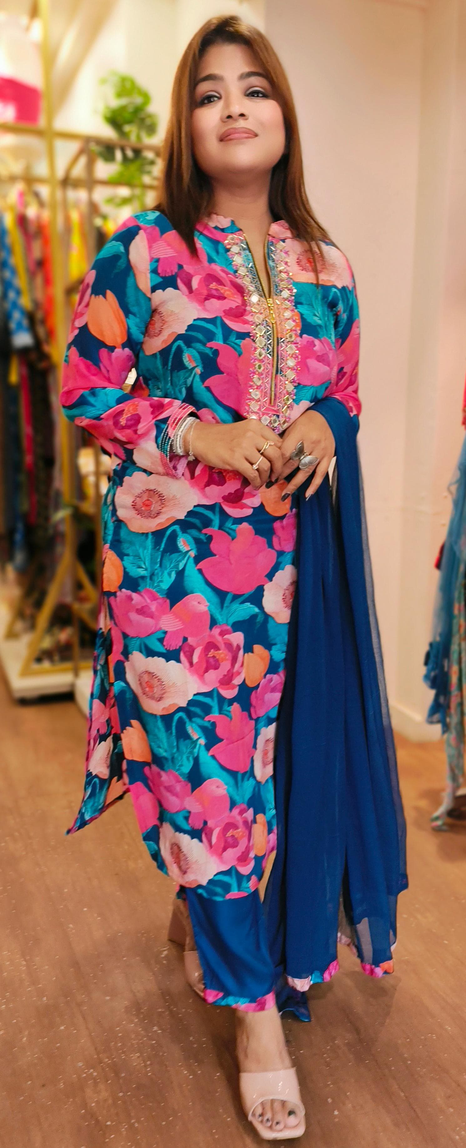 Beautiful Bright flower print blue crape with real mirror embroidered neck with zip  full set DRY WASH 03704