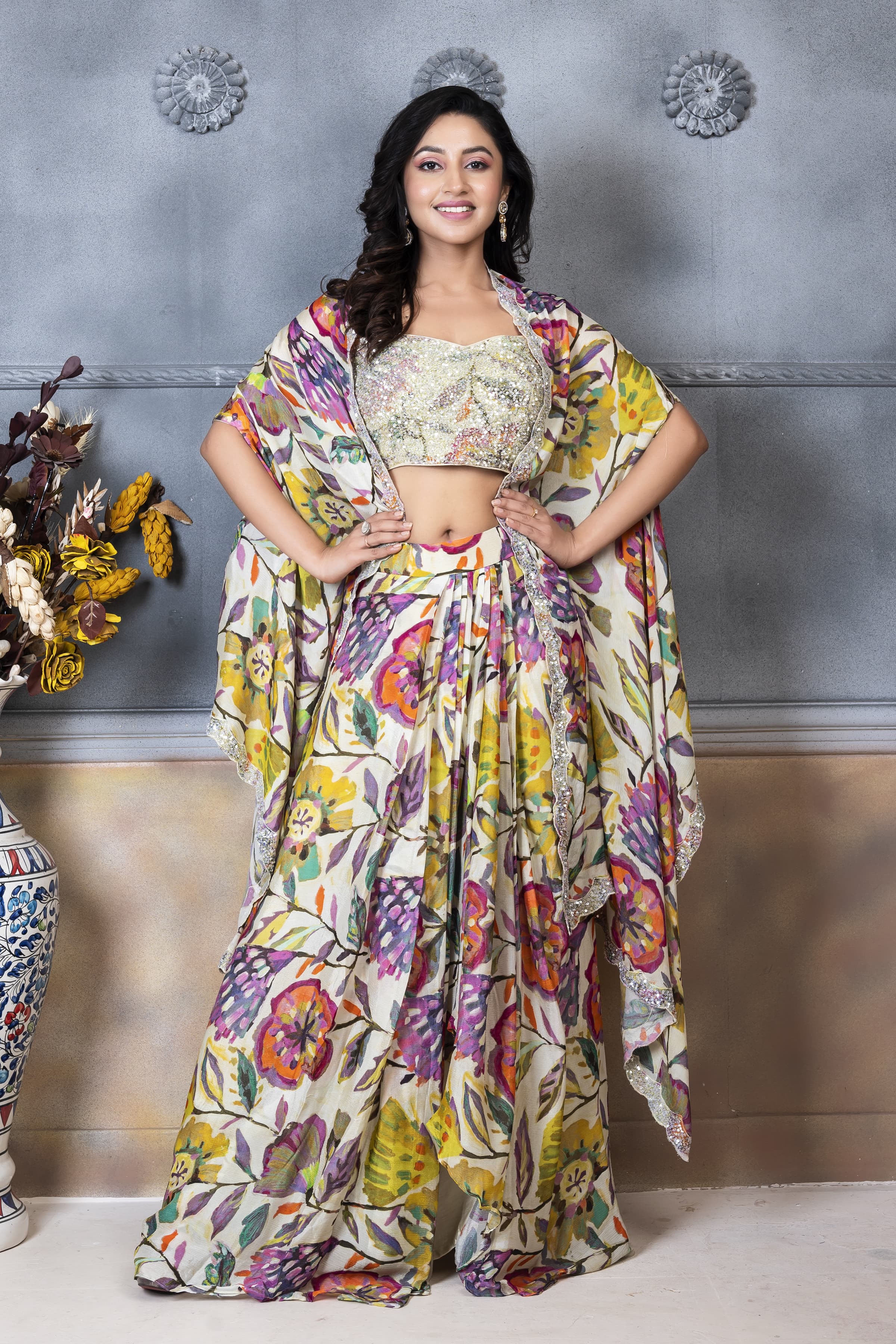 Stylish floral Indo-western embroidered croptop with dhoti skirt and  Shrug DRY WASH 2540