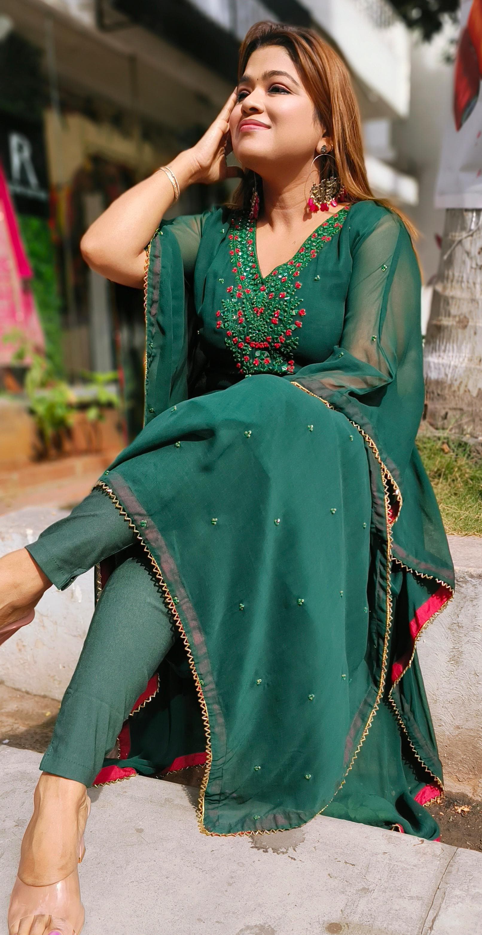 Beautiful green georgette embroidery only kaftan with lining DRYWASH -03897