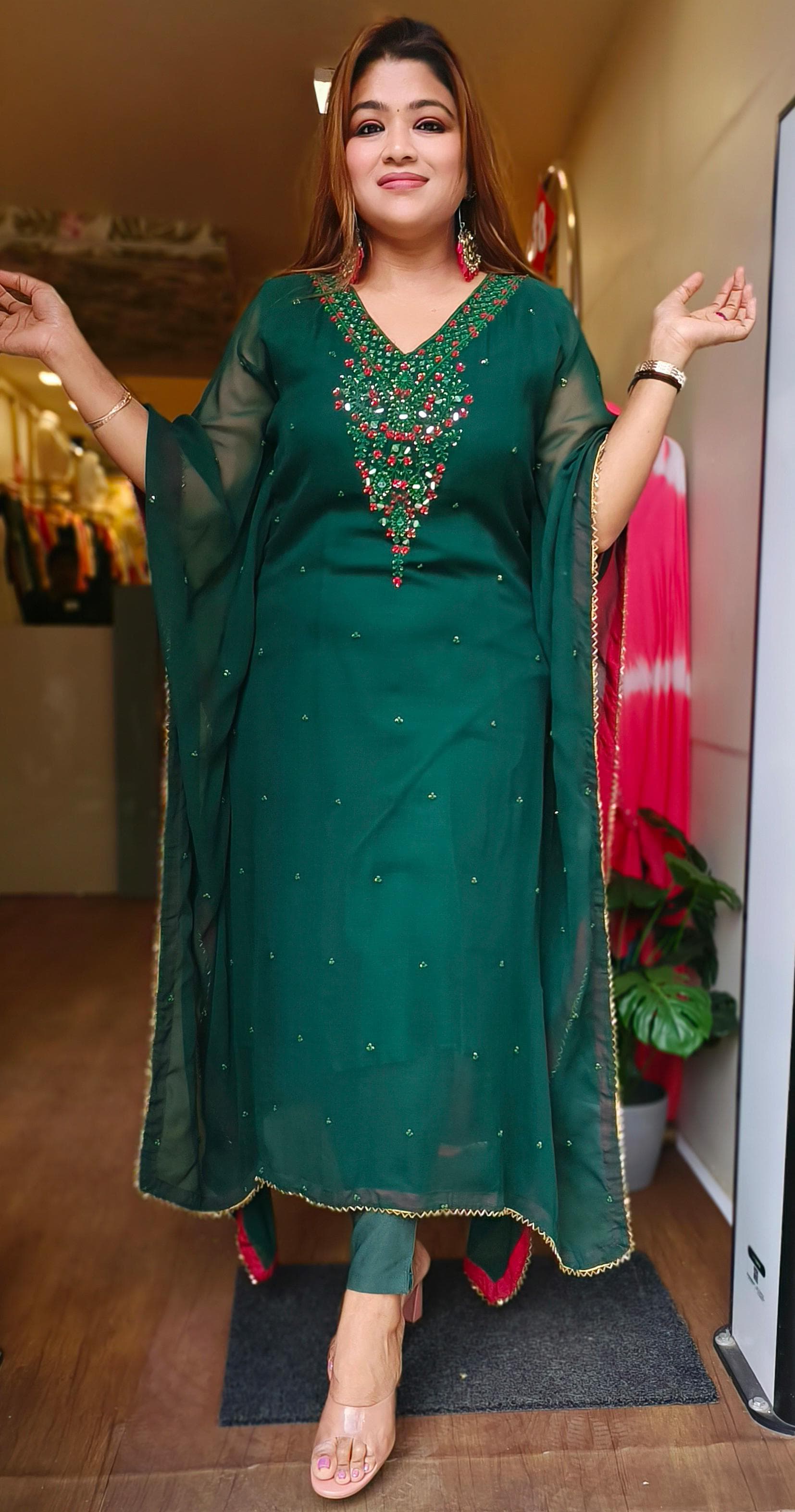 Beautiful green georgette embroidery only kaftan with lining DRYWASH -03897
