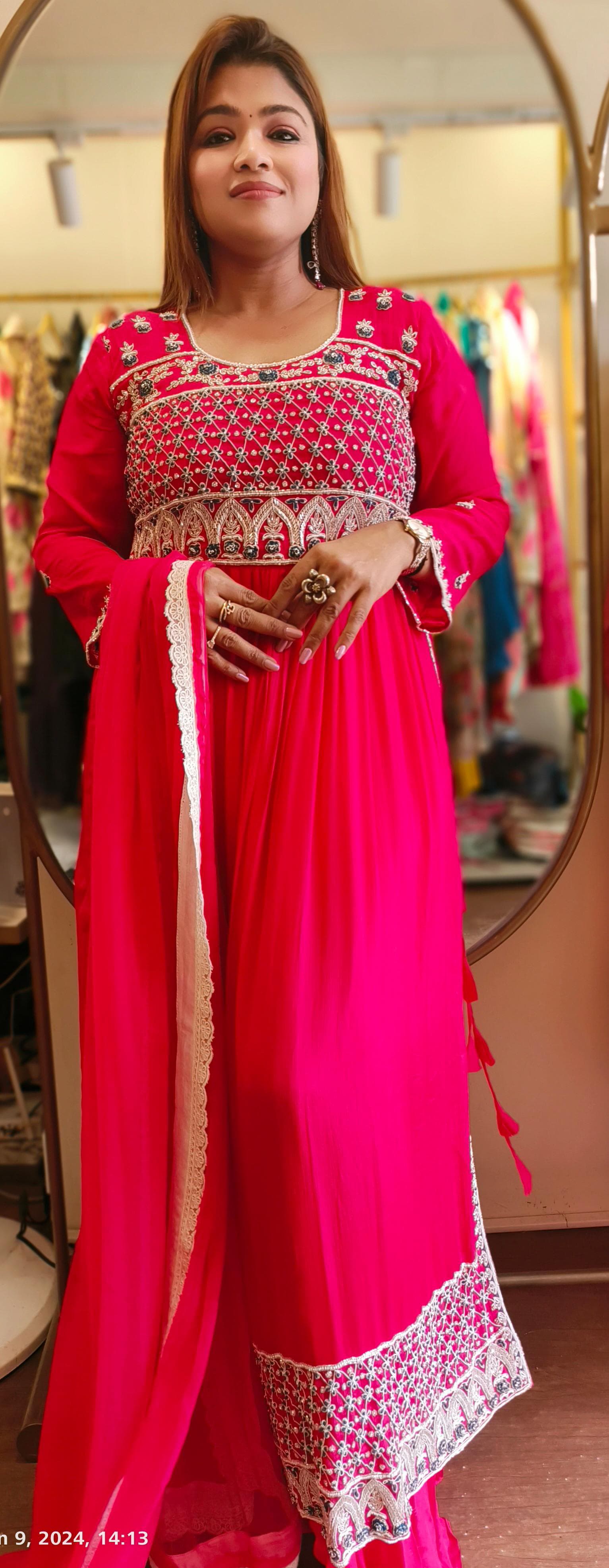 Beautiful chinon pink heavy hand embroidery nyra cut full suit with dupatta  DRYWASH Dispatching after 20days