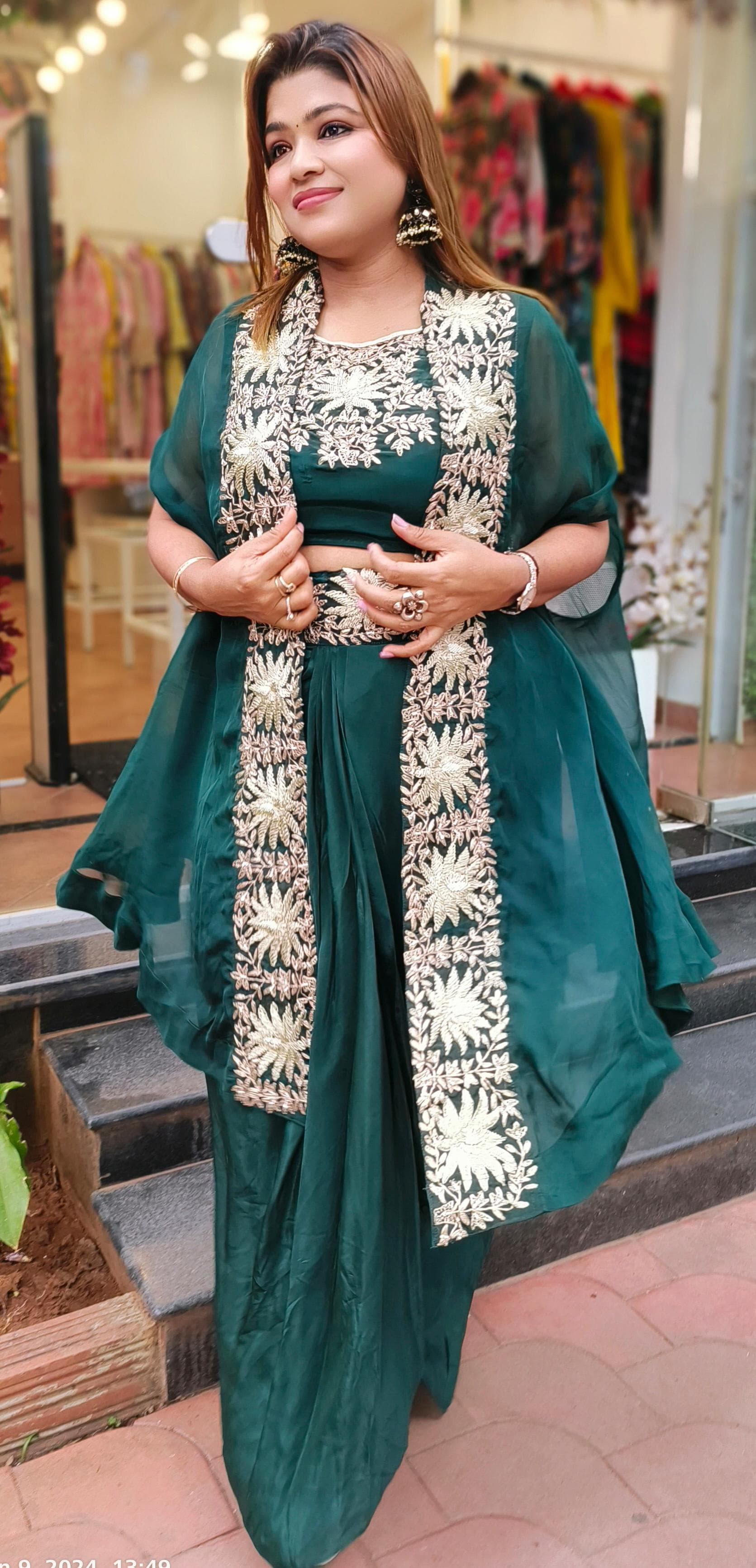 Zari embroidery crape crop top with dhoti skirt organza shrug DRYWASH Dispatching after 20days 03905