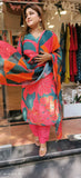Beautiful silk printed V-Neck kurta with pant and dupatta DRY WASH-03955