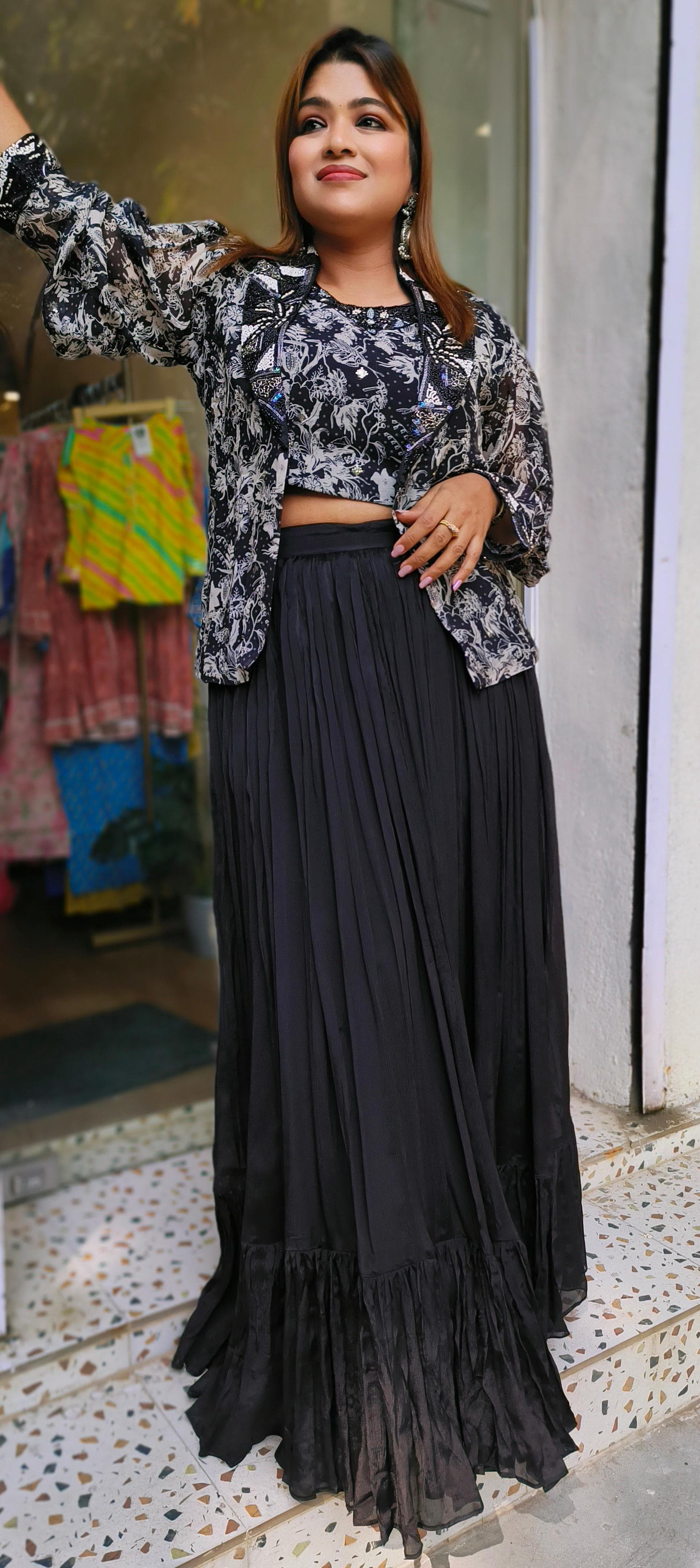 Stylish black printed with pearl embroidered crop top with skirt and embroidered Jacket DRY WASH ONLY 03760