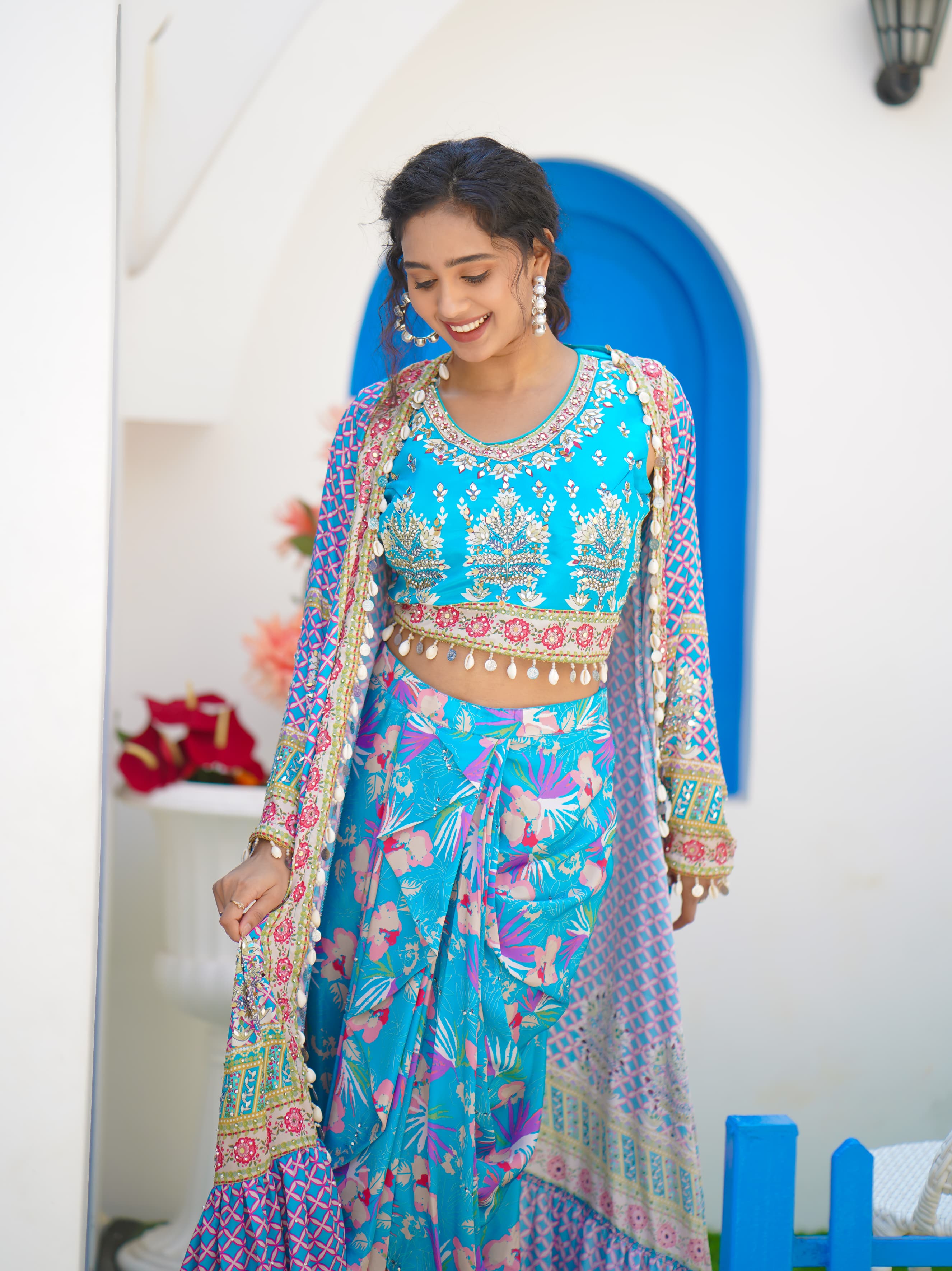 Beautiful Blue Bright Floral Stylish Crape Satin Embroidered Crop Top with Dhoti Skirt and Floral Shrug Drywashonly-03991