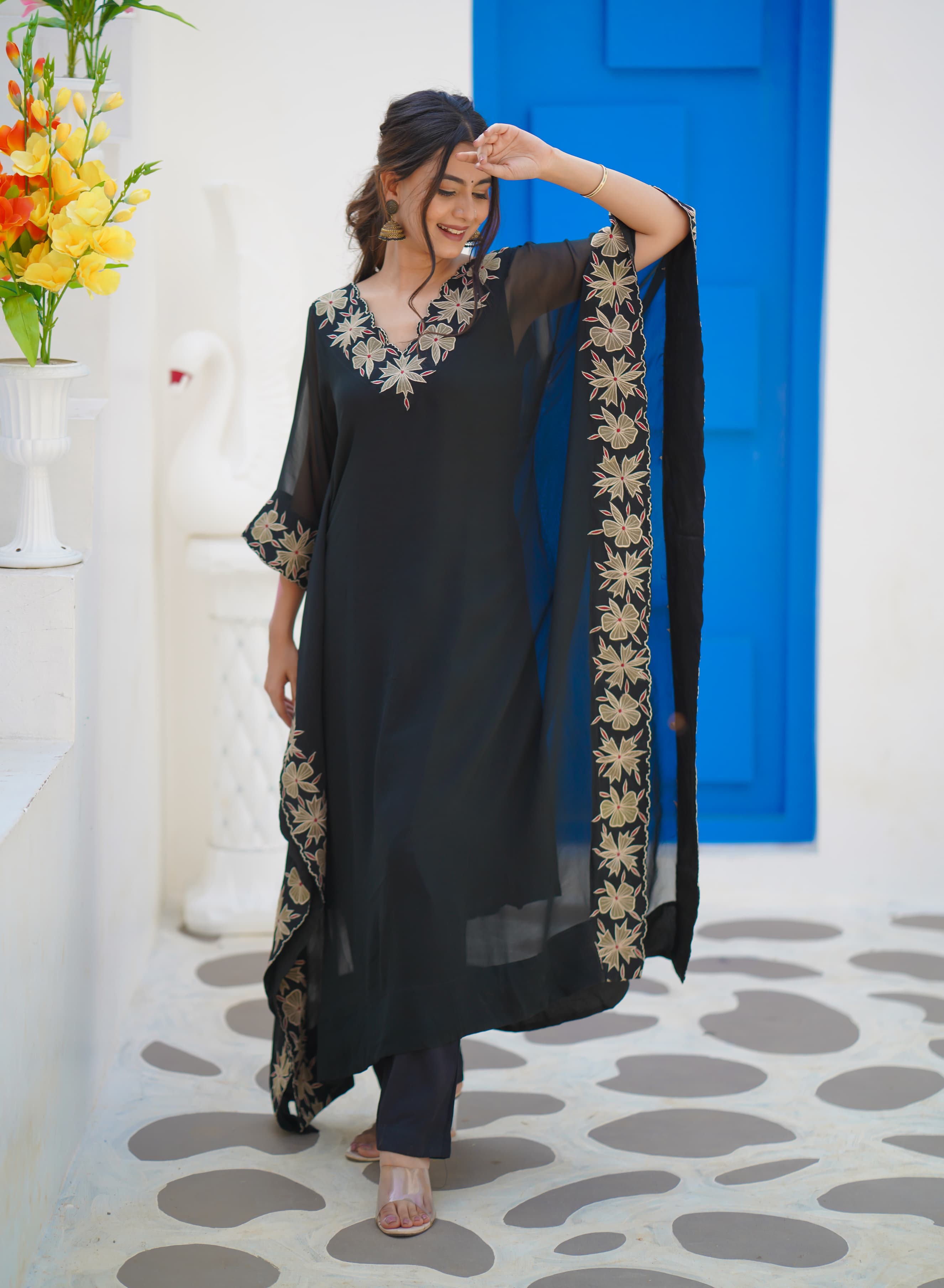Beautiful cutwork georgette embroidered only kaftan with inner DRYWASH -04027