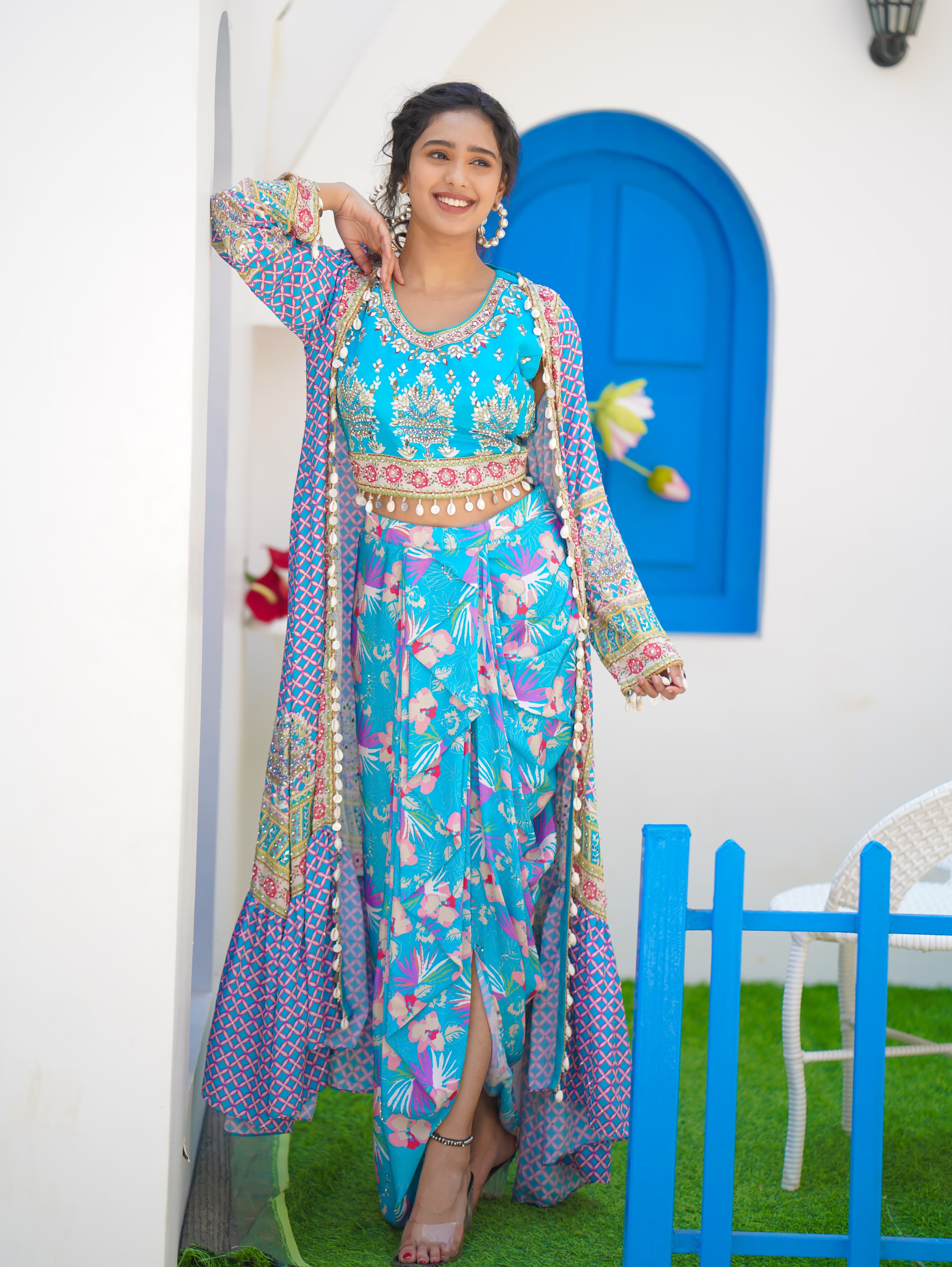 Beautiful Blue Bright Floral Stylish Crape Satin Embroidered Crop Top with Dhoti Skirt and Floral Shrug Drywashonly-03991