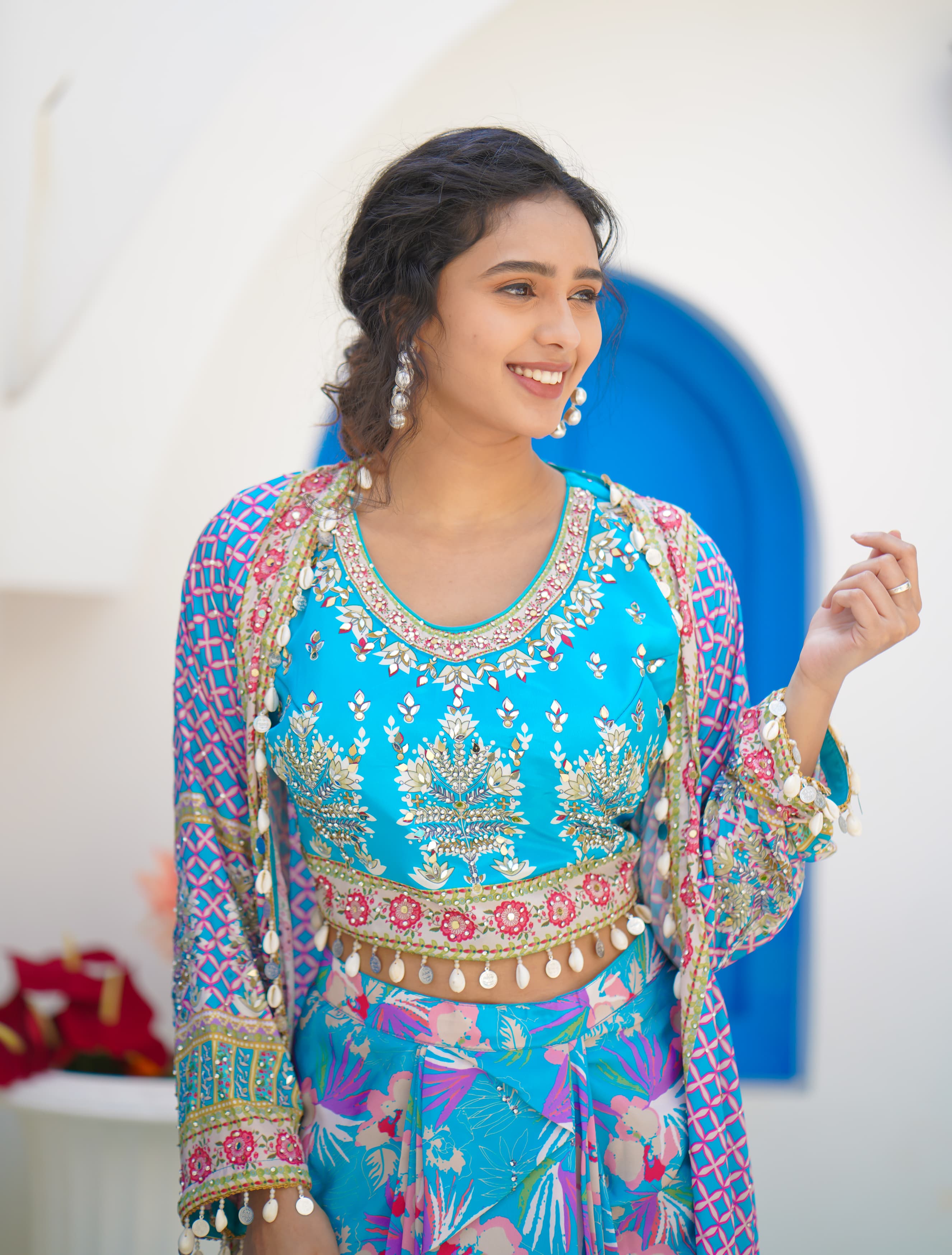 Beautiful Blue Bright Floral Stylish Crape Satin Embroidered Crop Top with Dhoti Skirt and Floral Shrug Drywashonly-03991