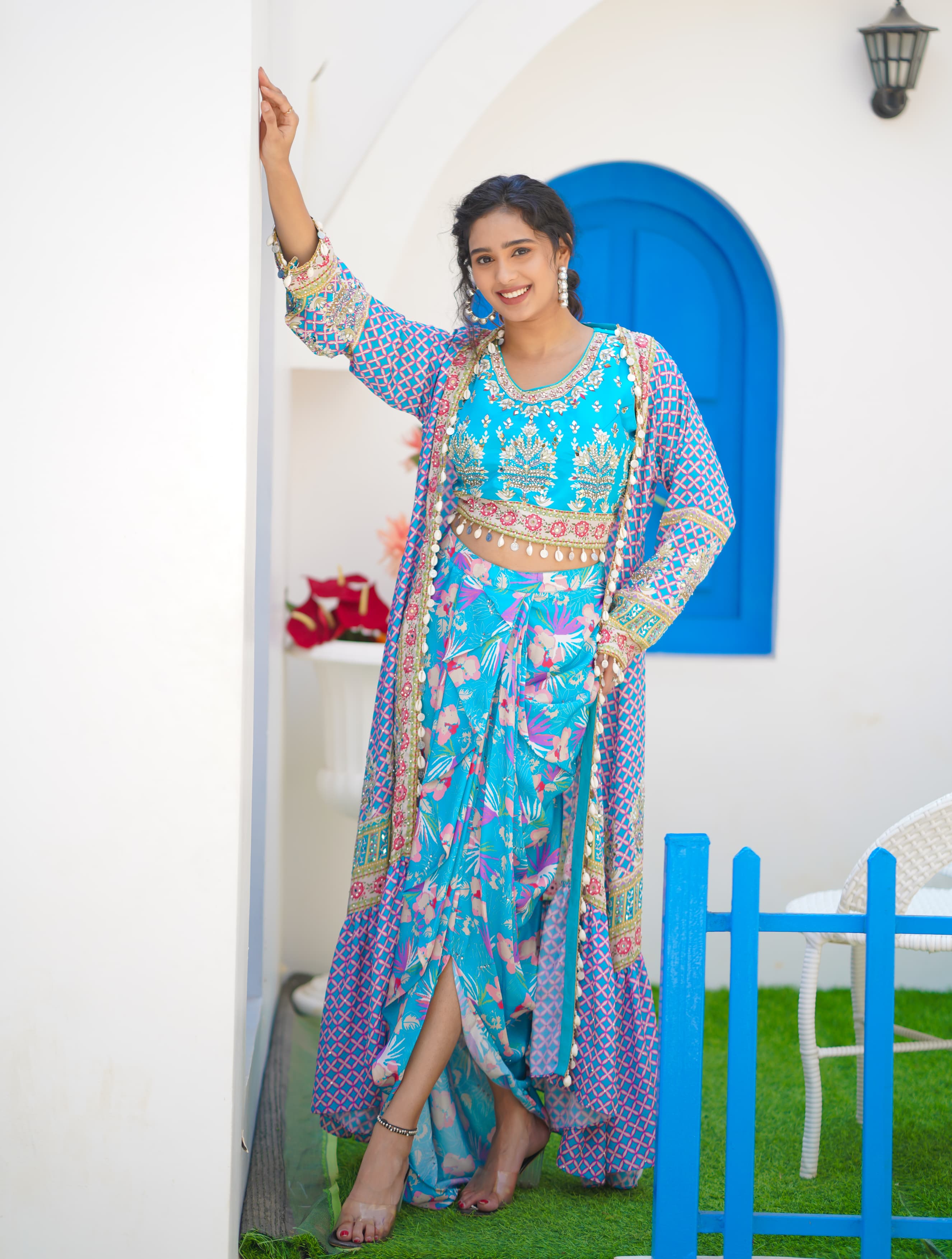 Beautiful Blue Bright Floral Stylish Crape Satin Embroidered Crop Top with Dhoti Skirt and Floral Shrug Drywashonly-03991