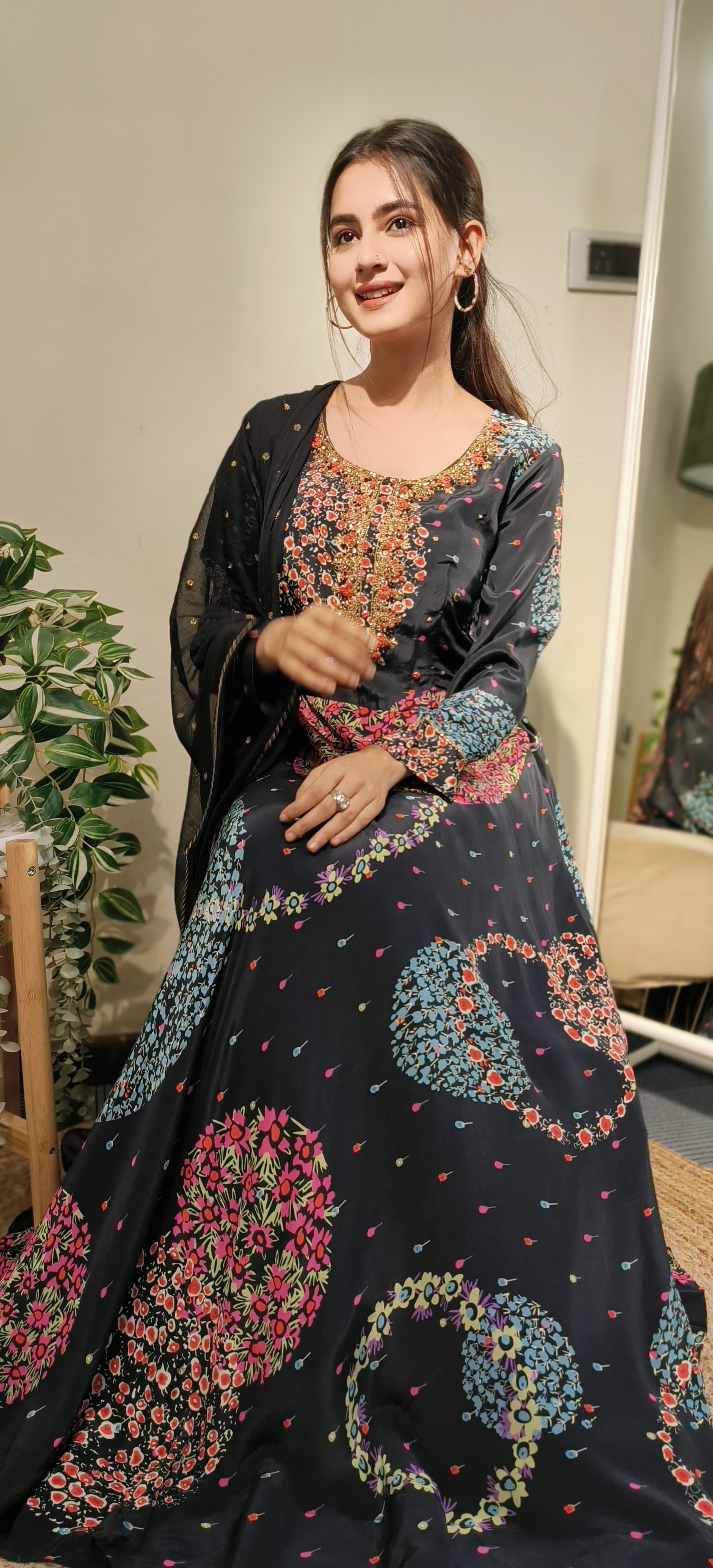 Beautiful Blue Printed Embroidered Crape Gown With Cut Dana Embroidery And Chiffon Dupatta  DRY WASH ONLY-04481