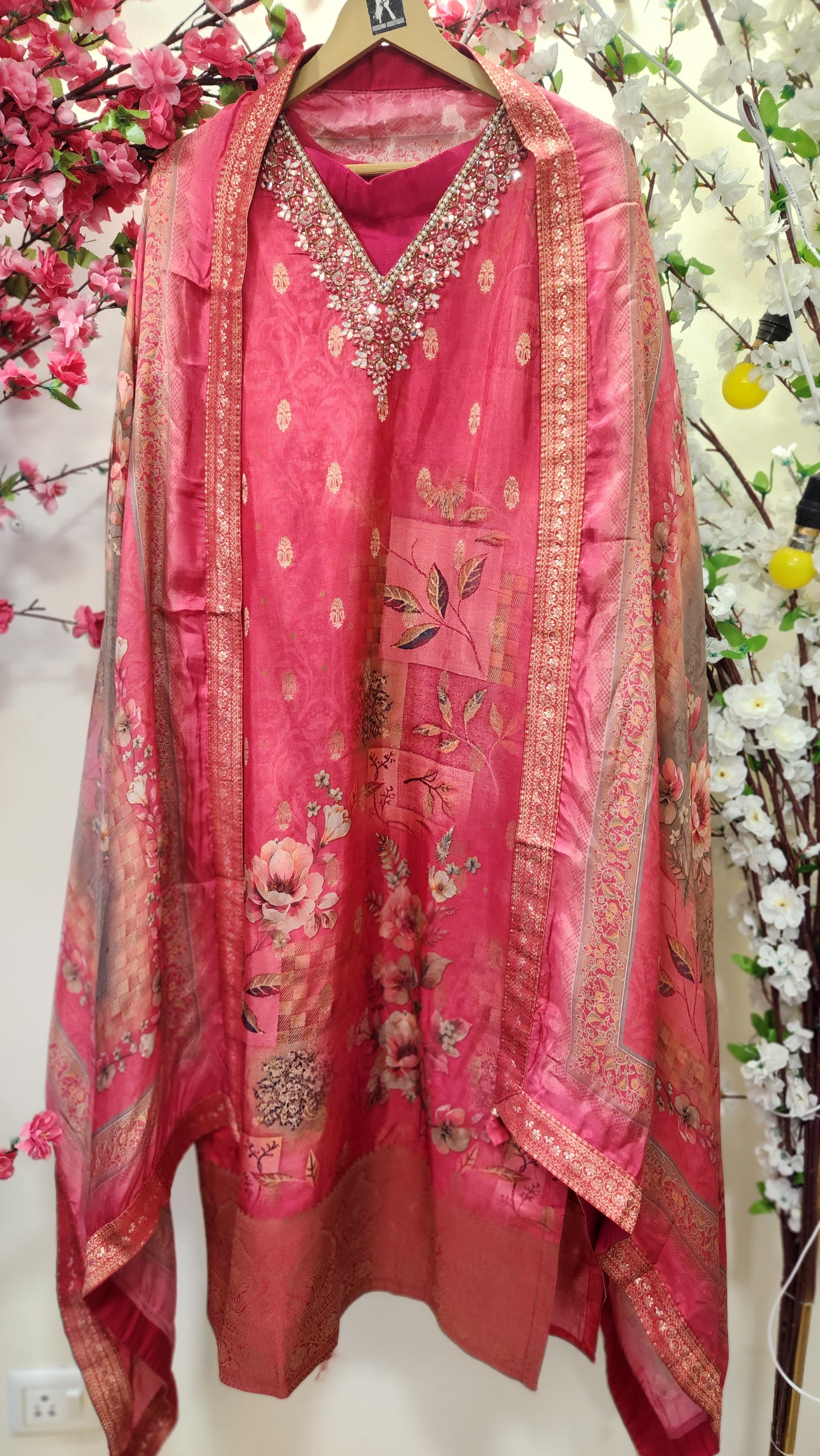 Beautiful Pink Embroidered V- Neck Silk  Full Set With Heavy Dupatta 04521