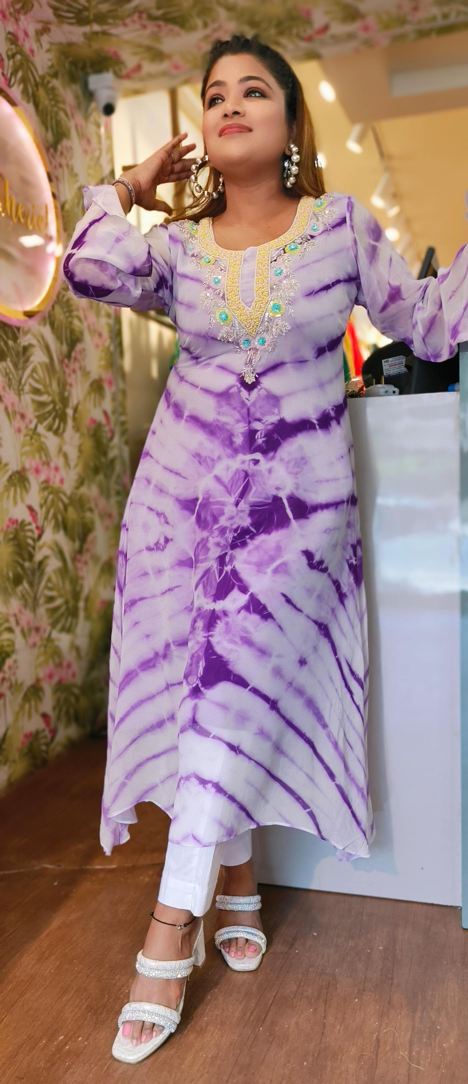 Printed shibory georgette Beautiful embroidery Aline only kurta with lining DRYWASH  Dispatching after 25 days-04850