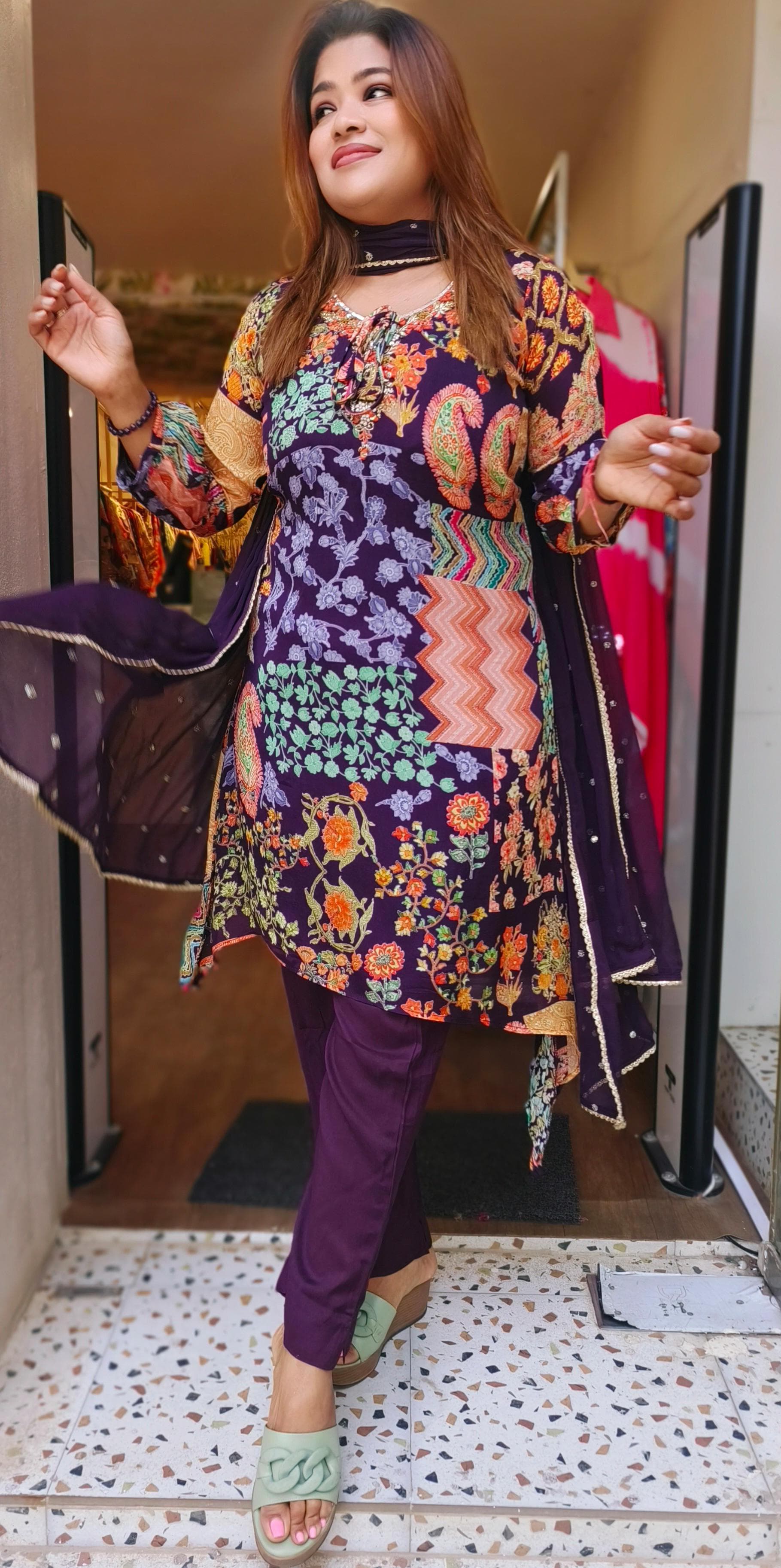Beautiful chinon Floral Print Embroidered Full Suit Set With Dupatta-047