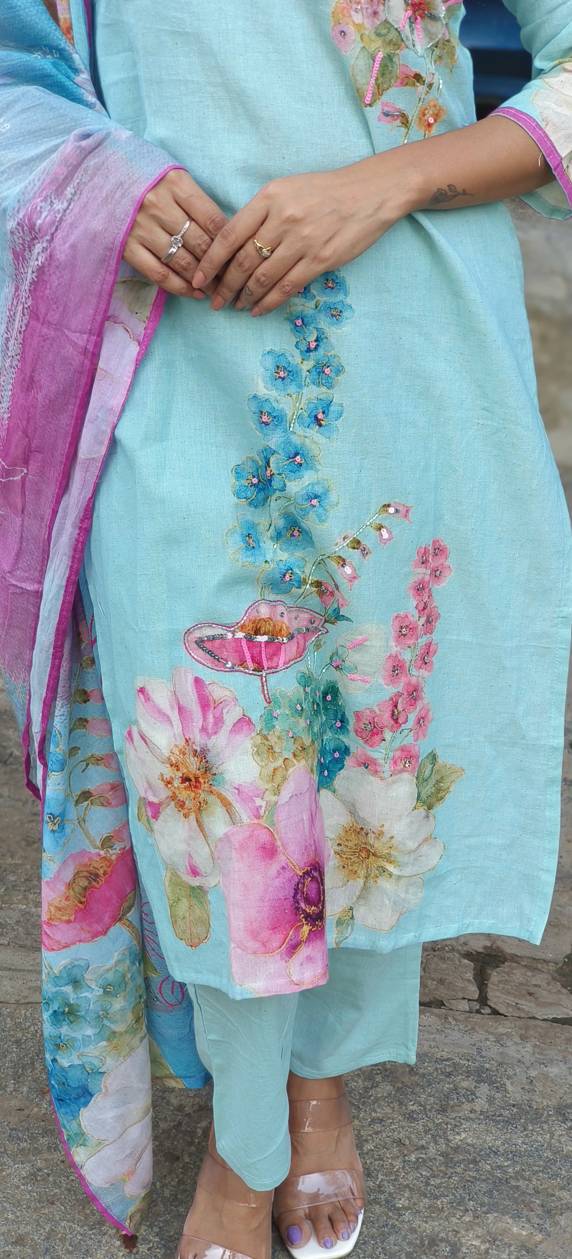 Blue flex cotton floral print with embroidered  Full Suit Set and Dupatta-05182