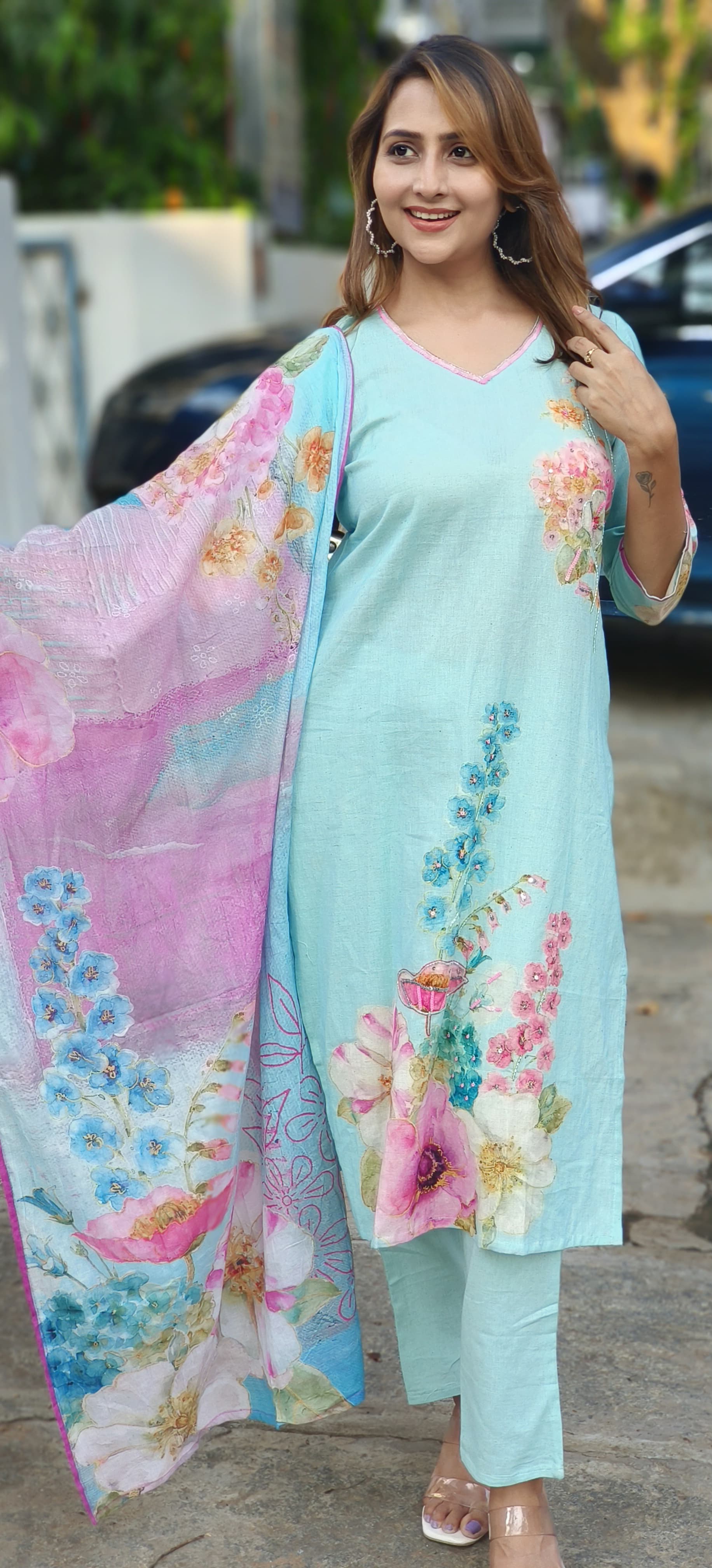 Blue flex cotton floral print with embroidered  Full Suit Set and Dupatta-05182