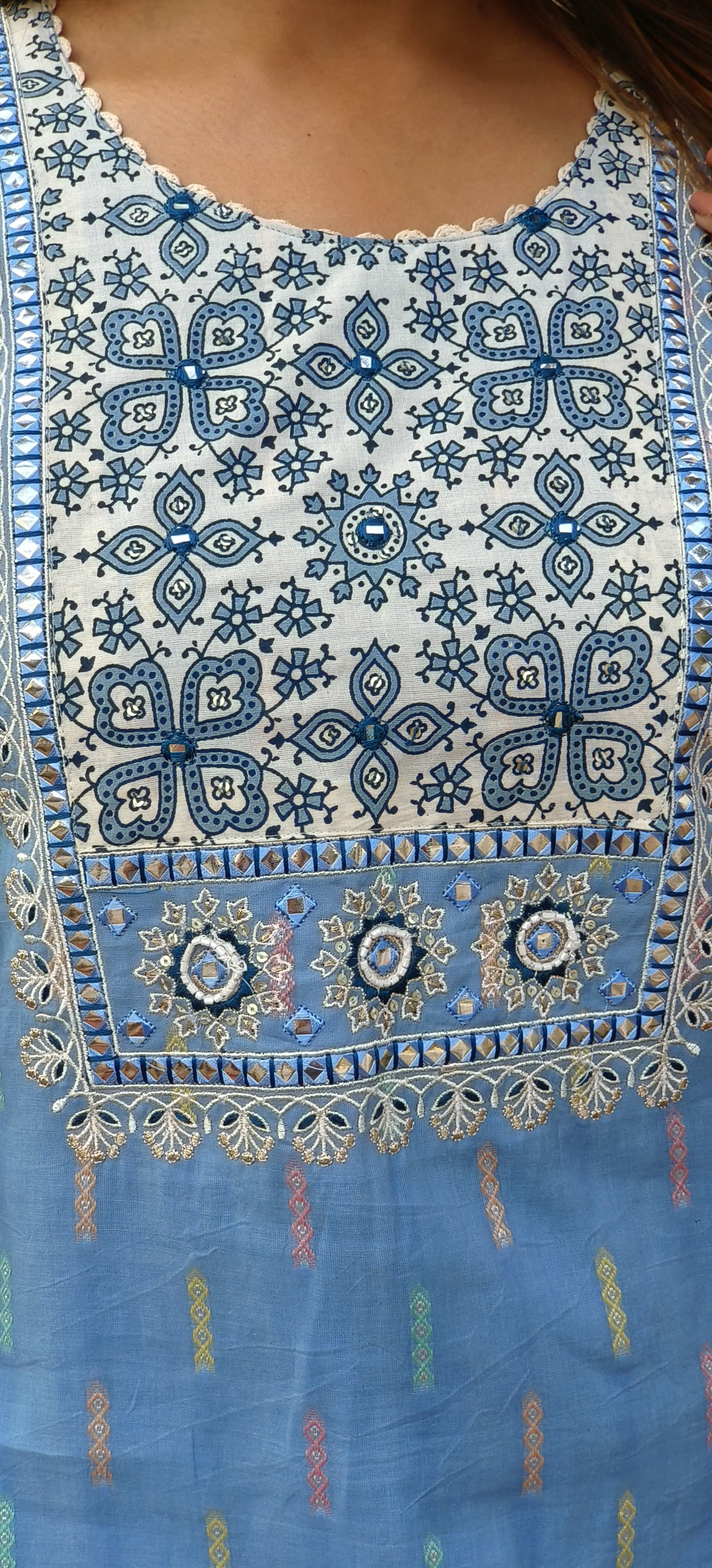 Ice Blue cotton emroidered Neck printed Full Suit Set and Dupatta 05163