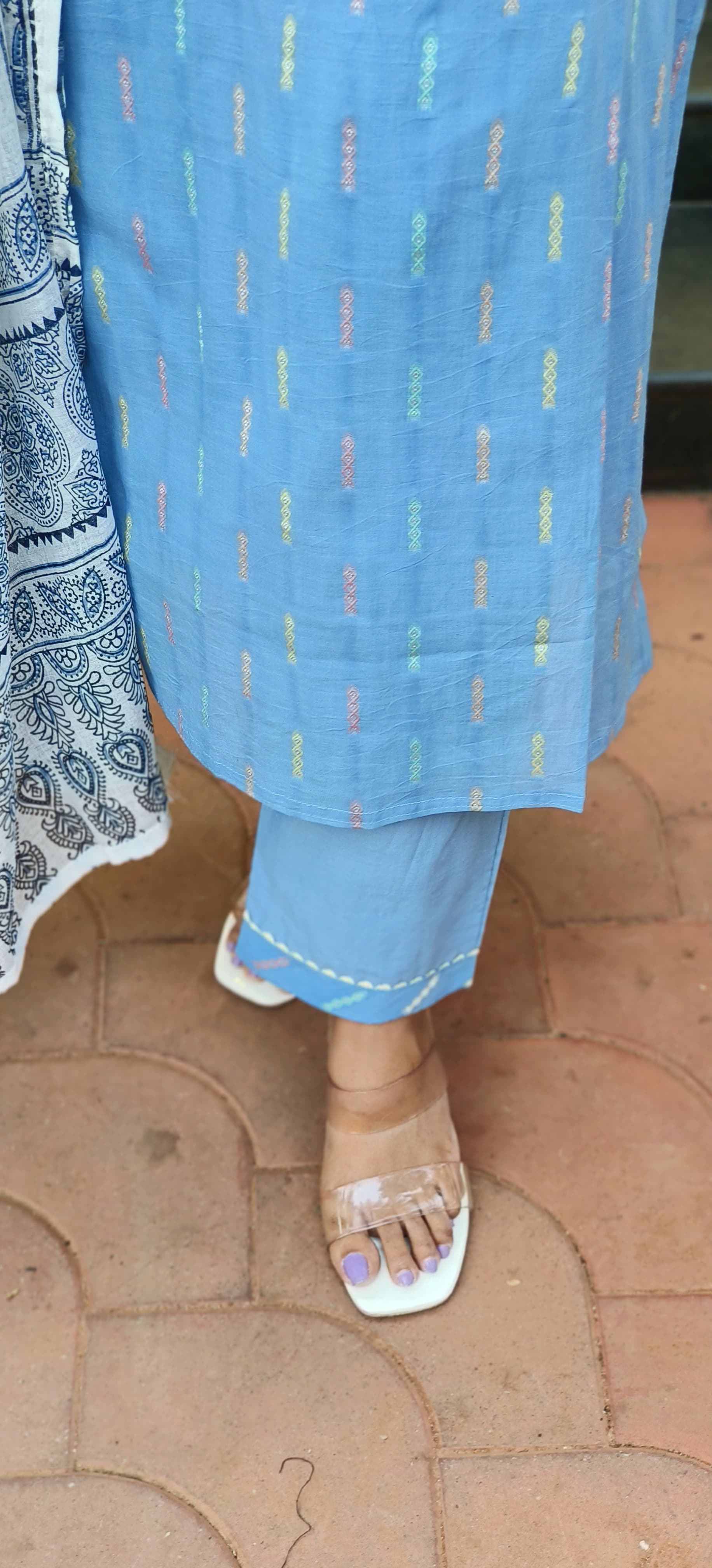 Ice Blue cotton emroidered Neck printed Full Suit Set and Dupatta 05163