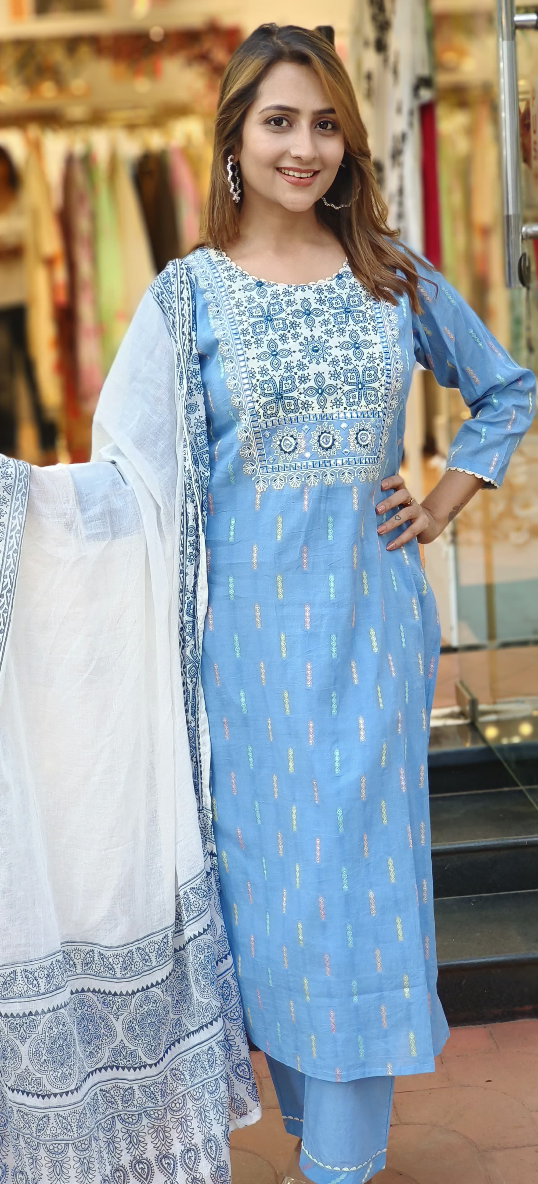 Ice Blue cotton emroidered Neck printed Full Suit Set and Dupatta 05163