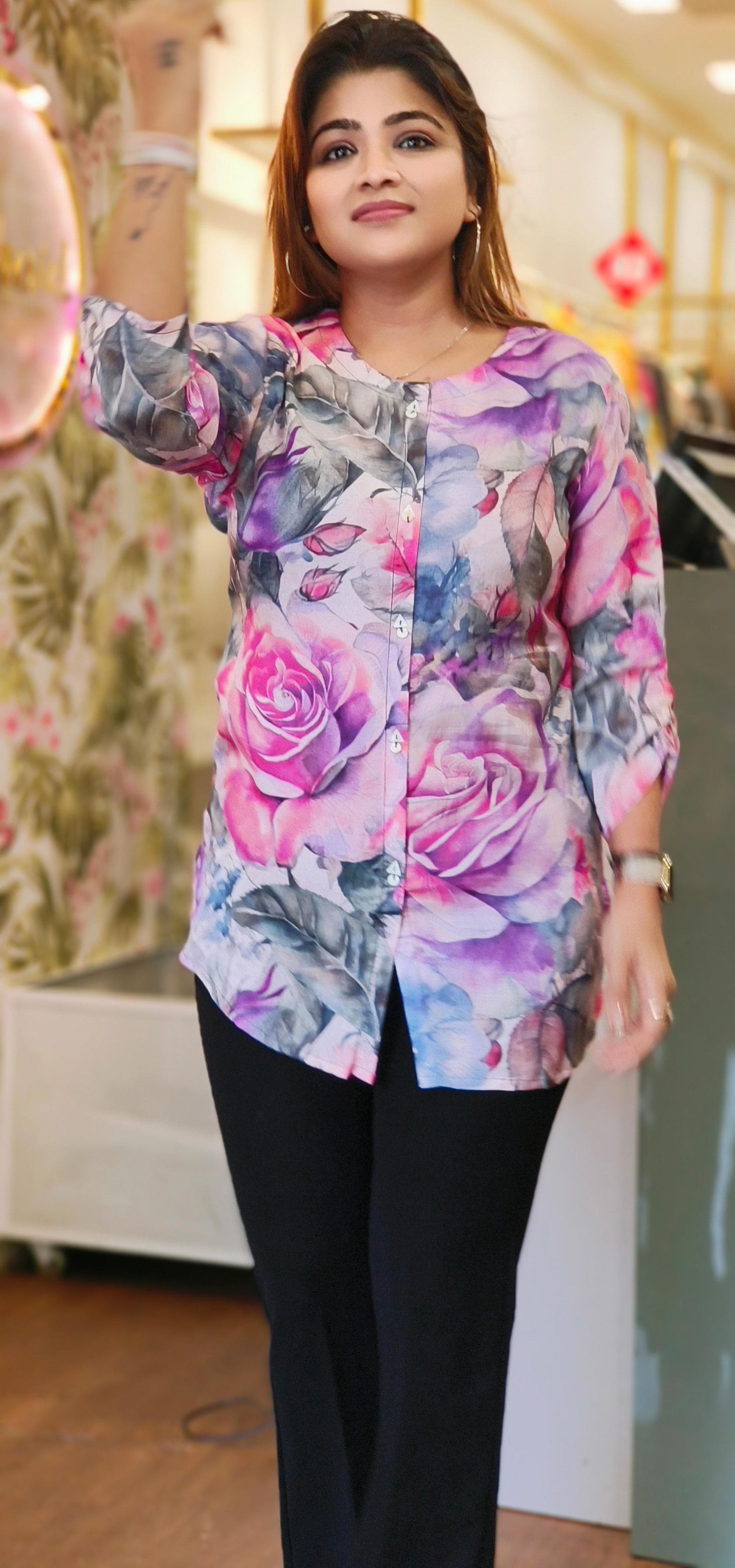 Beautiful muslin floral printed Short shirt -05697