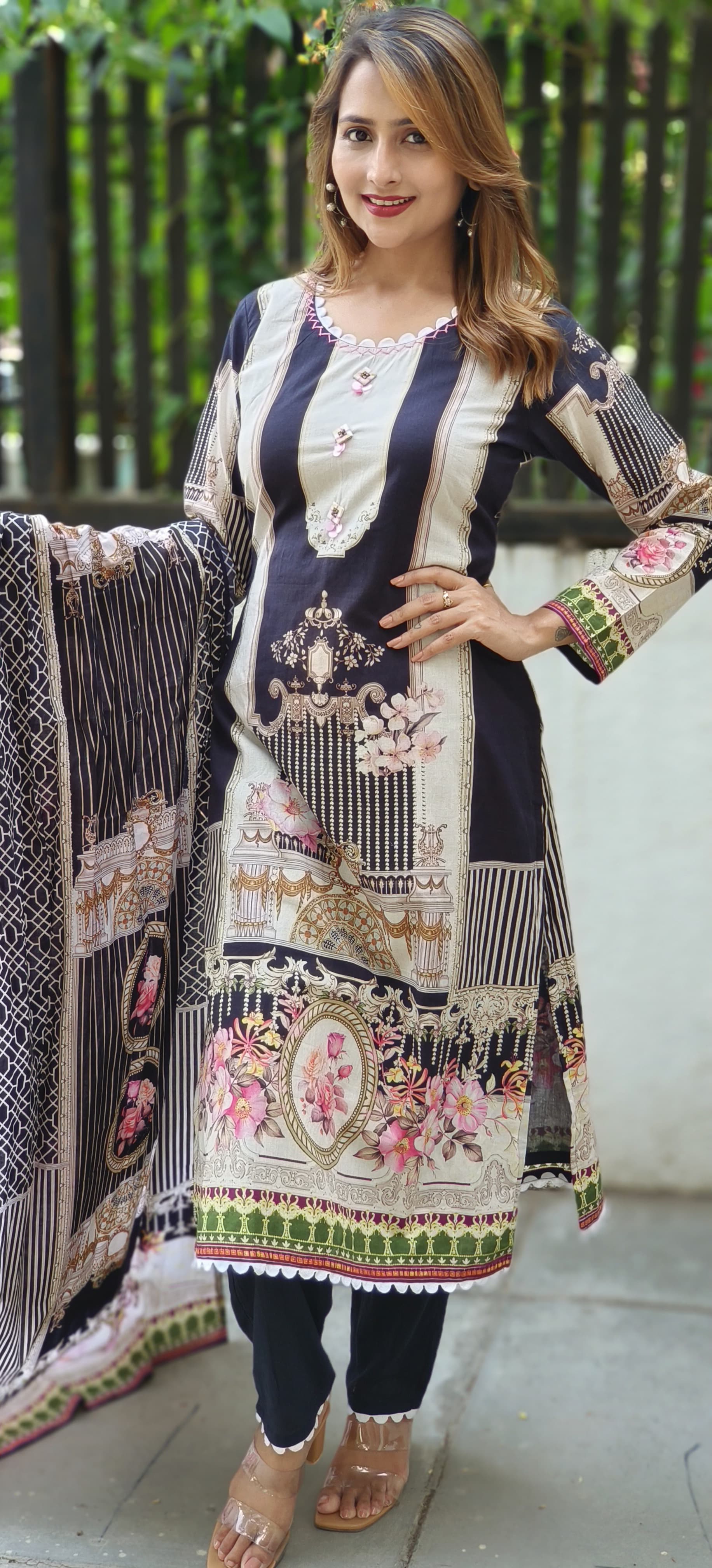 Digital Print Muslin Broad Stripe Full Suit with lining and  Muslin Dupatta-05464-65