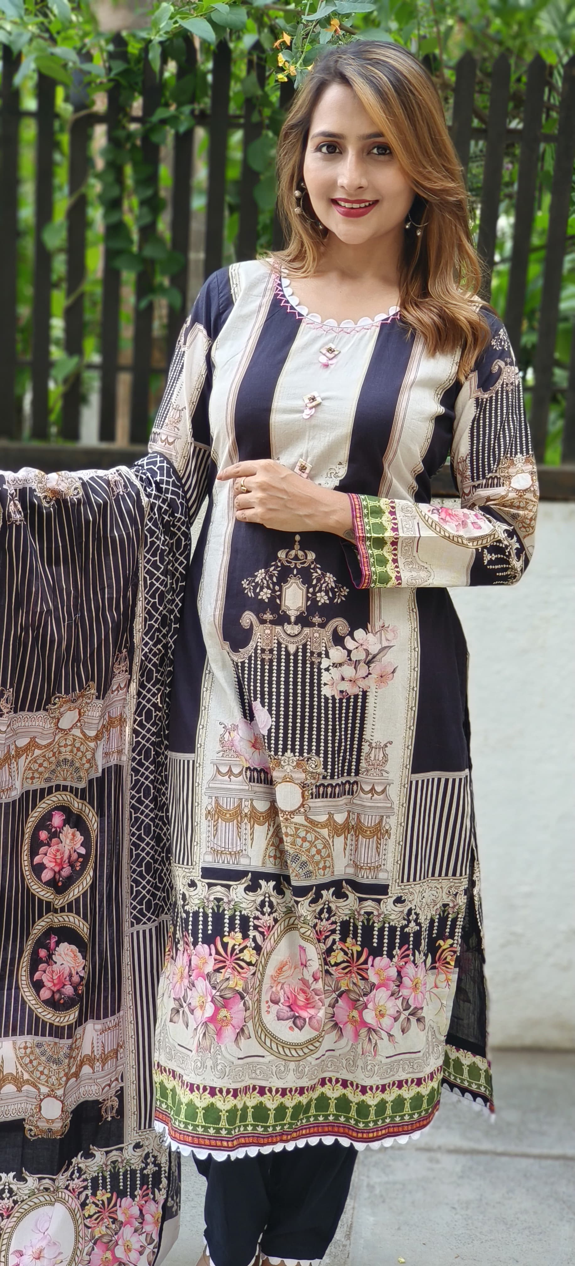 Digital Print Muslin Broad Stripe Full Suit with lining and  Muslin Dupatta-05464-65