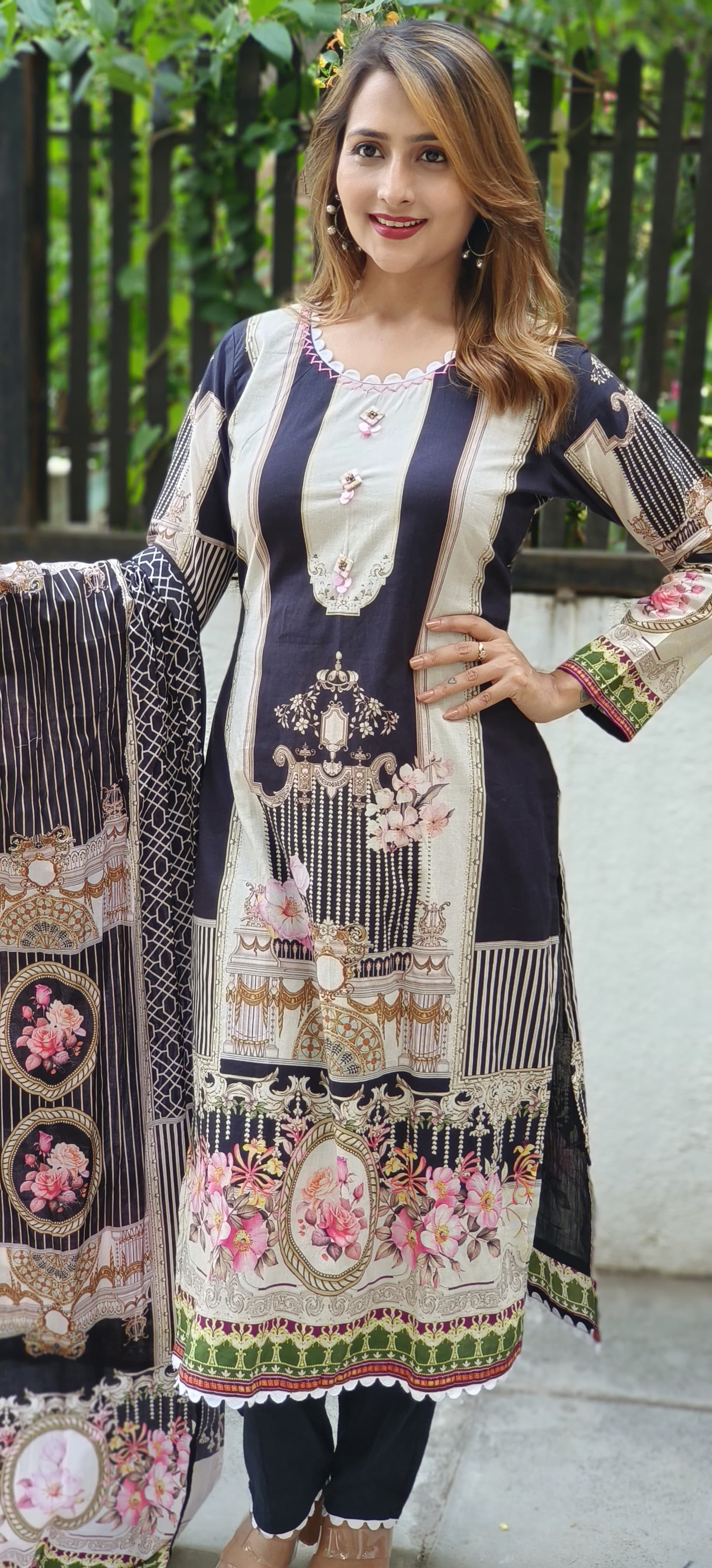 Digital Print Muslin Broad Stripe Full Suit with lining and  Muslin Dupatta-05464-65