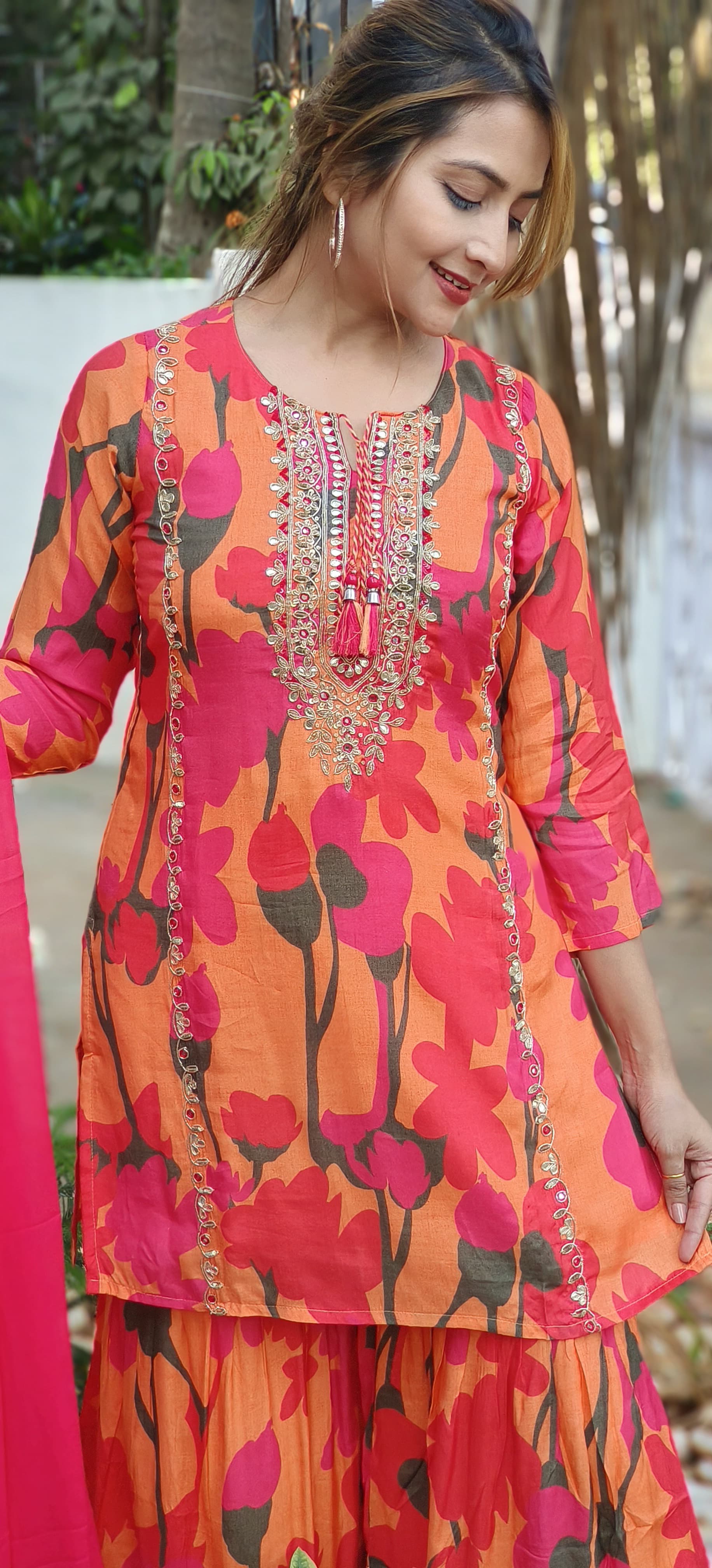 Muslin Floral Print Embroidered Kurta with Sharara Set and Dupatta-04881