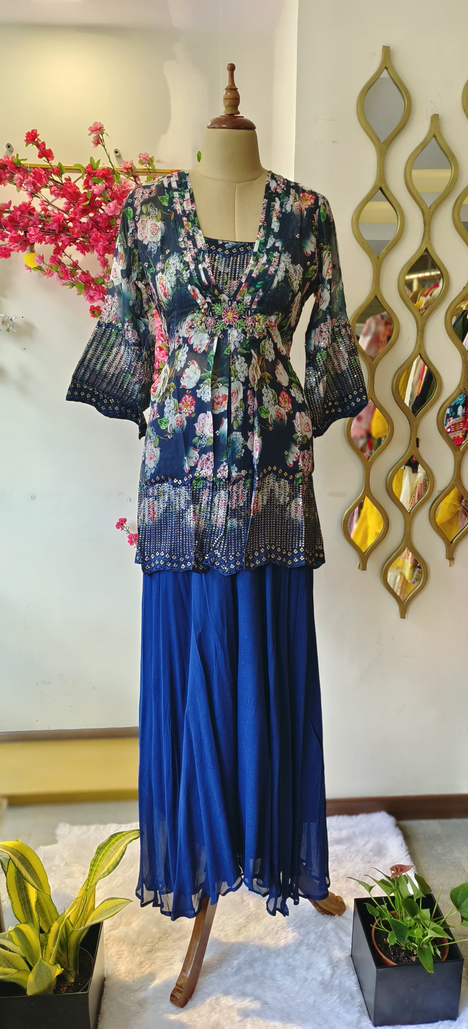 Peplum Style Soft Organzaf Floral Print Embroidered Kurta with Loose Palazzo Set-04880