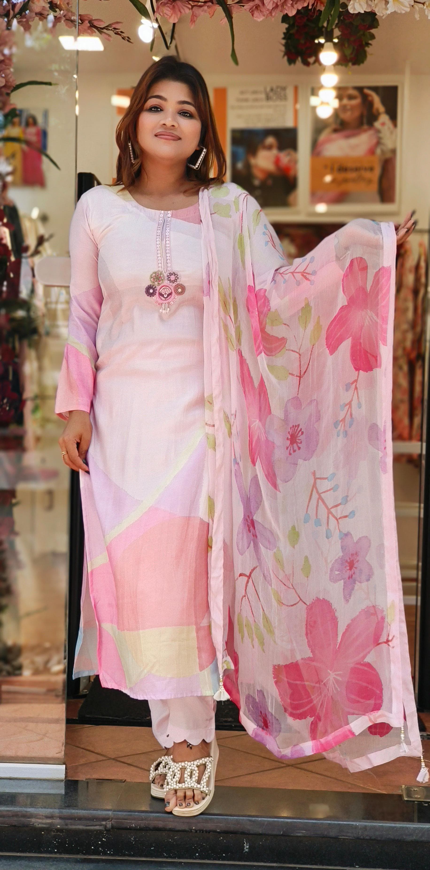 Muslin Floral embroidered full suit set with dupatta 05893