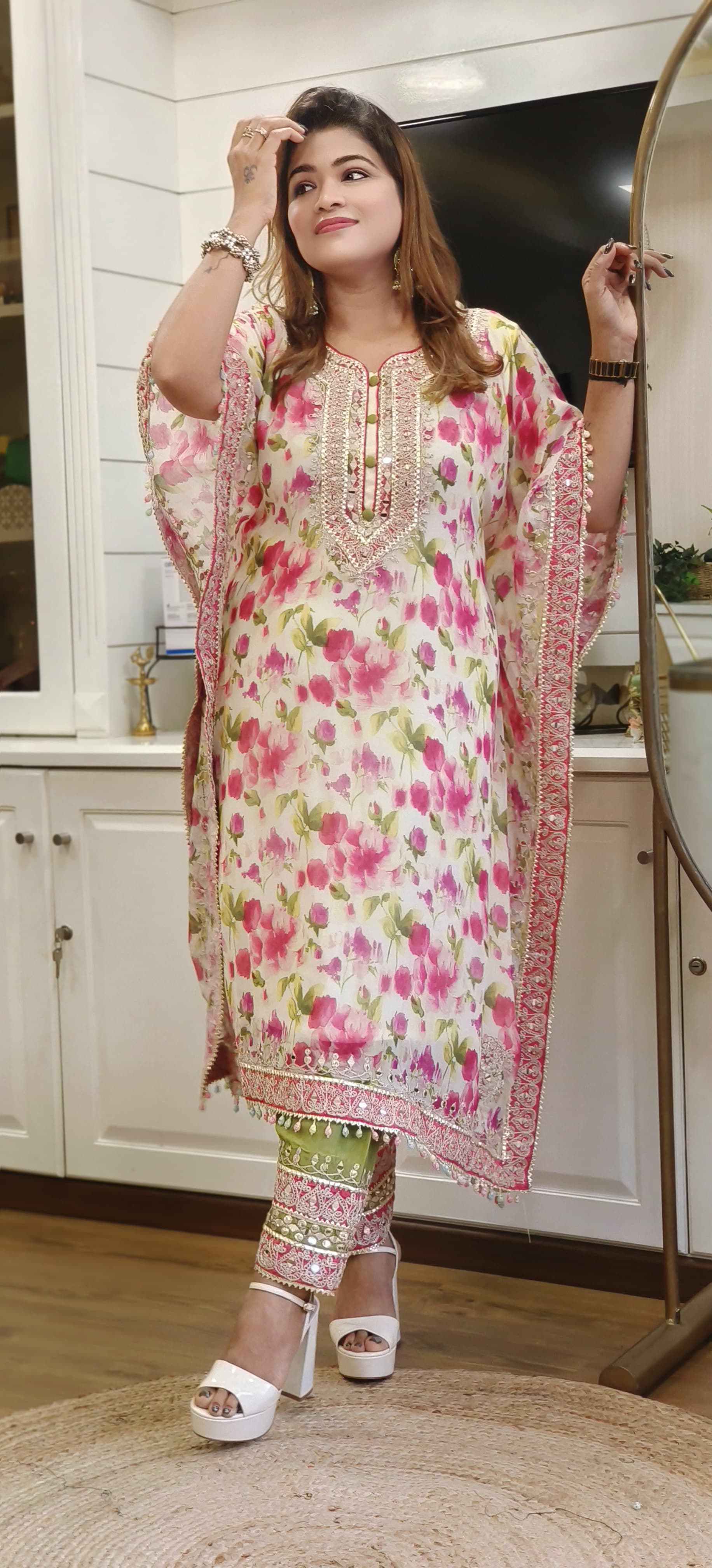 Floral Print Chinon Embroidered Kaftan With Pants with DRY WASH ONLY-05914